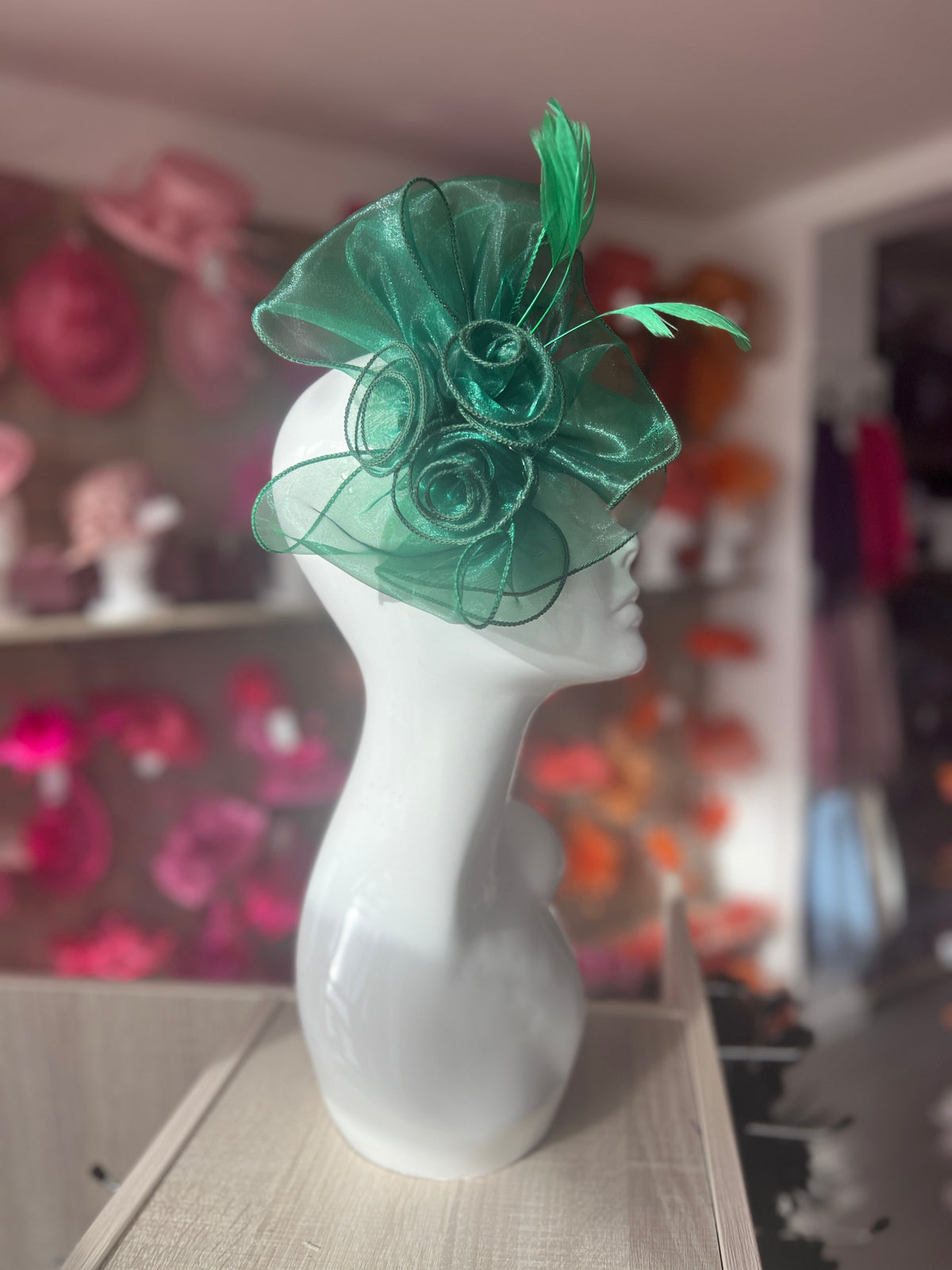 Pearlescent Emerald Chiffon Flower Fascinator With Feathers-Fascinators Direct