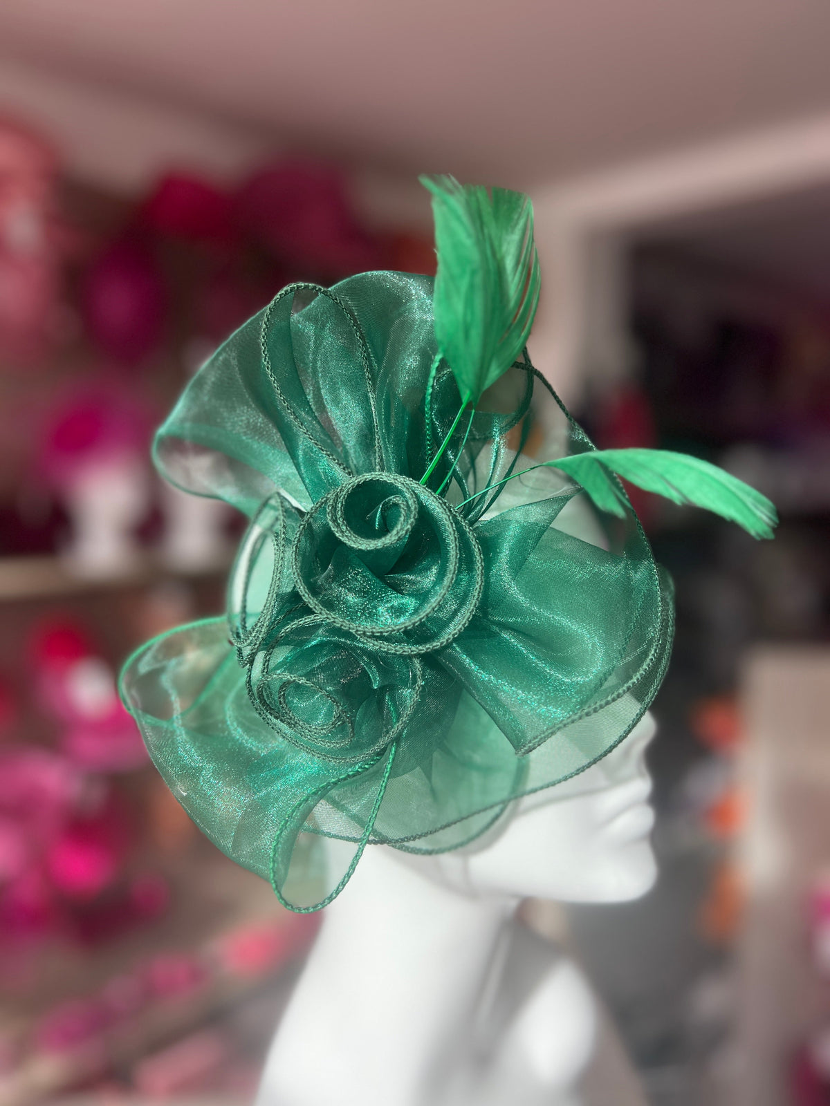 Pearlescent Emerald Chiffon Flower Fascinator With Feathers-Fascinators Direct