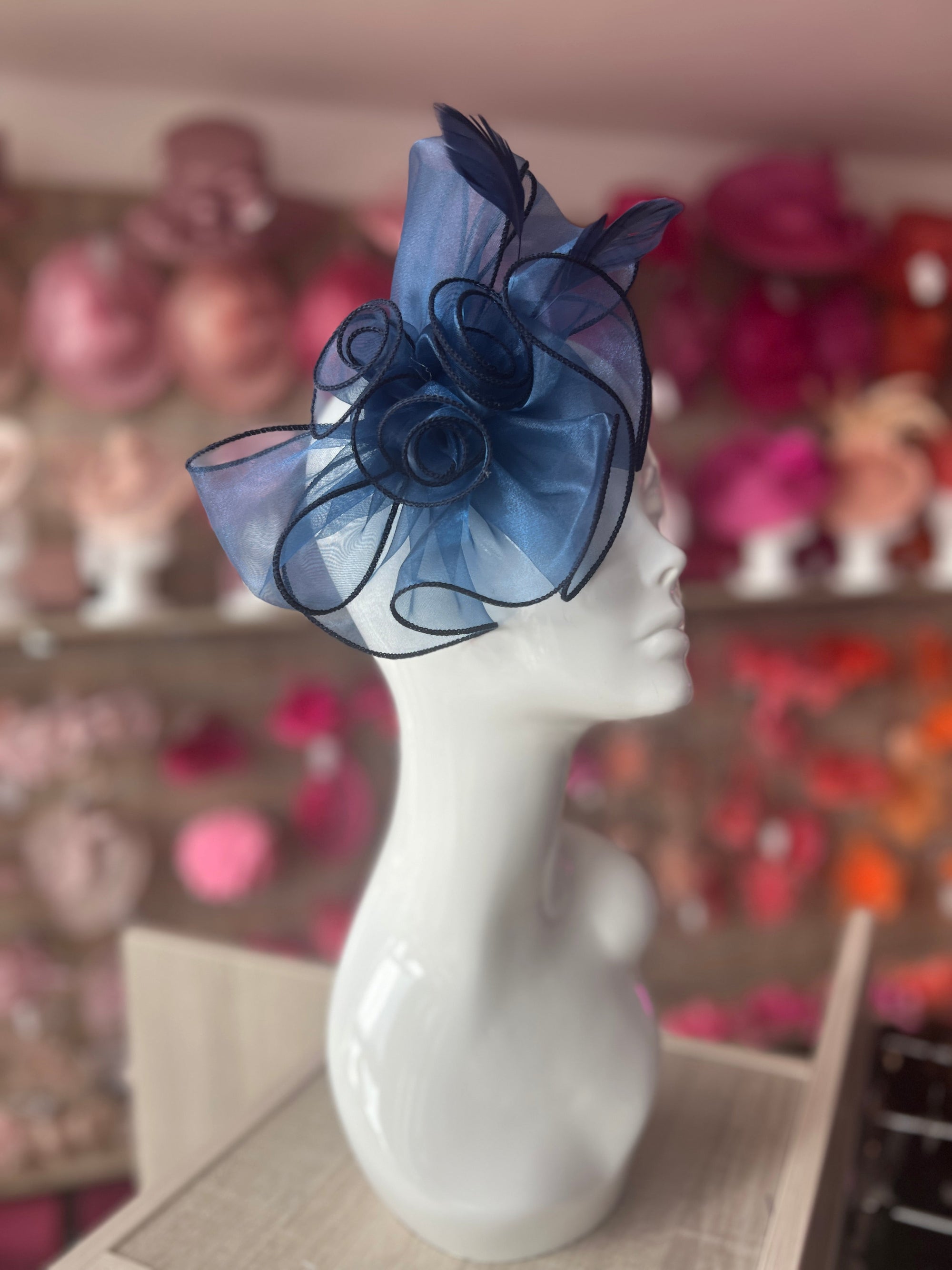 Pearlescent Navy Blue Chiffon Flower Fascinator With Feathers-Fascinators Direct