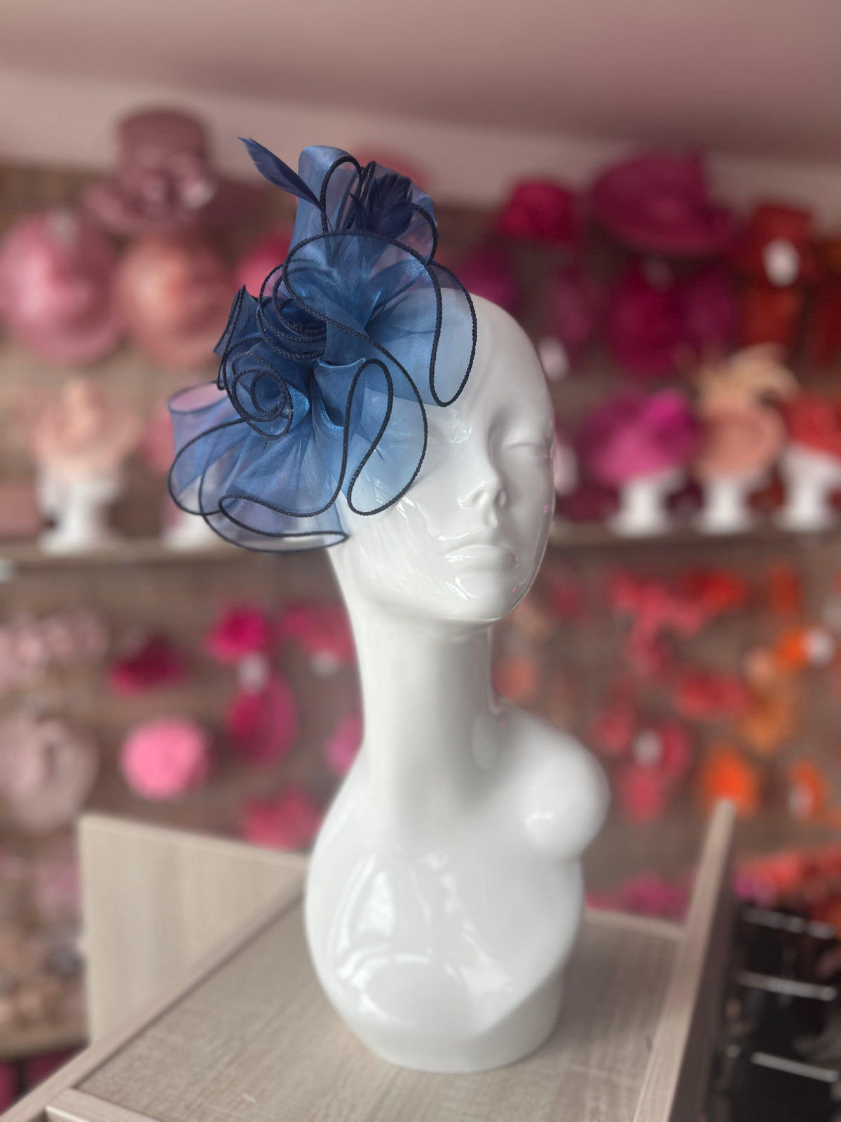 Pearlescent Navy Blue Chiffon Flower Fascinator With Feathers-Fascinators Direct