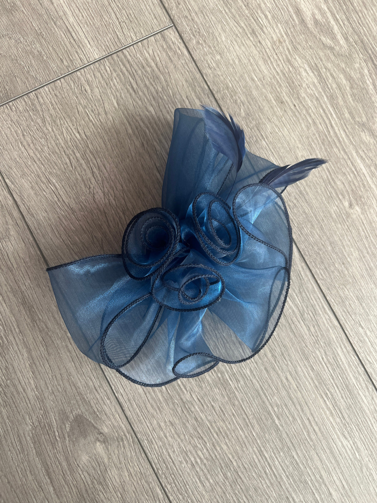 Pearlescent Navy Blue Chiffon Flower Fascinator With Feathers-Fascinators Direct