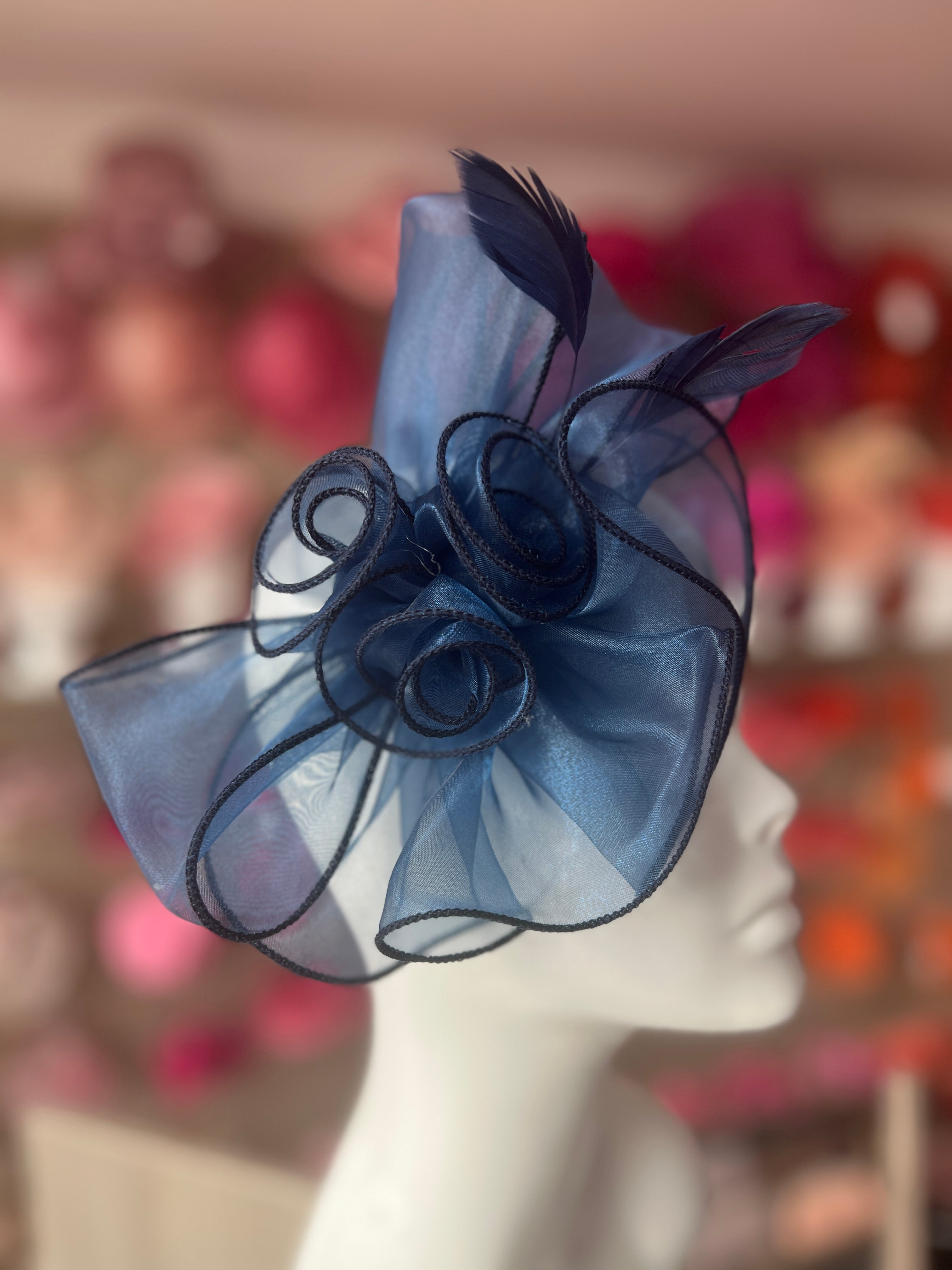 Pearlescent Navy Blue Chiffon Flower Fascinator With Feathers