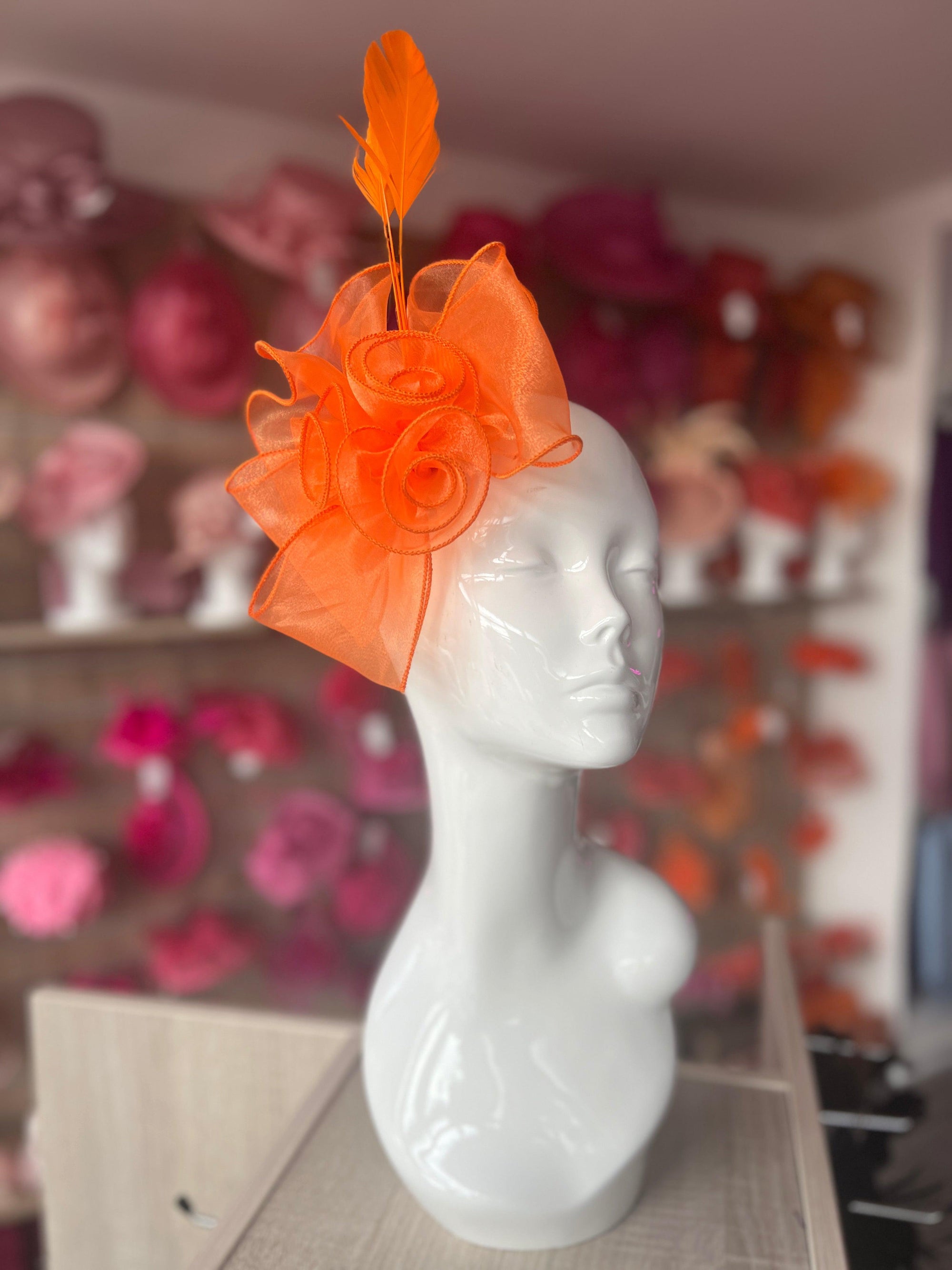 Pearlescent Orange Chiffon Flower Fascinator With Feathers-Fascinators Direct