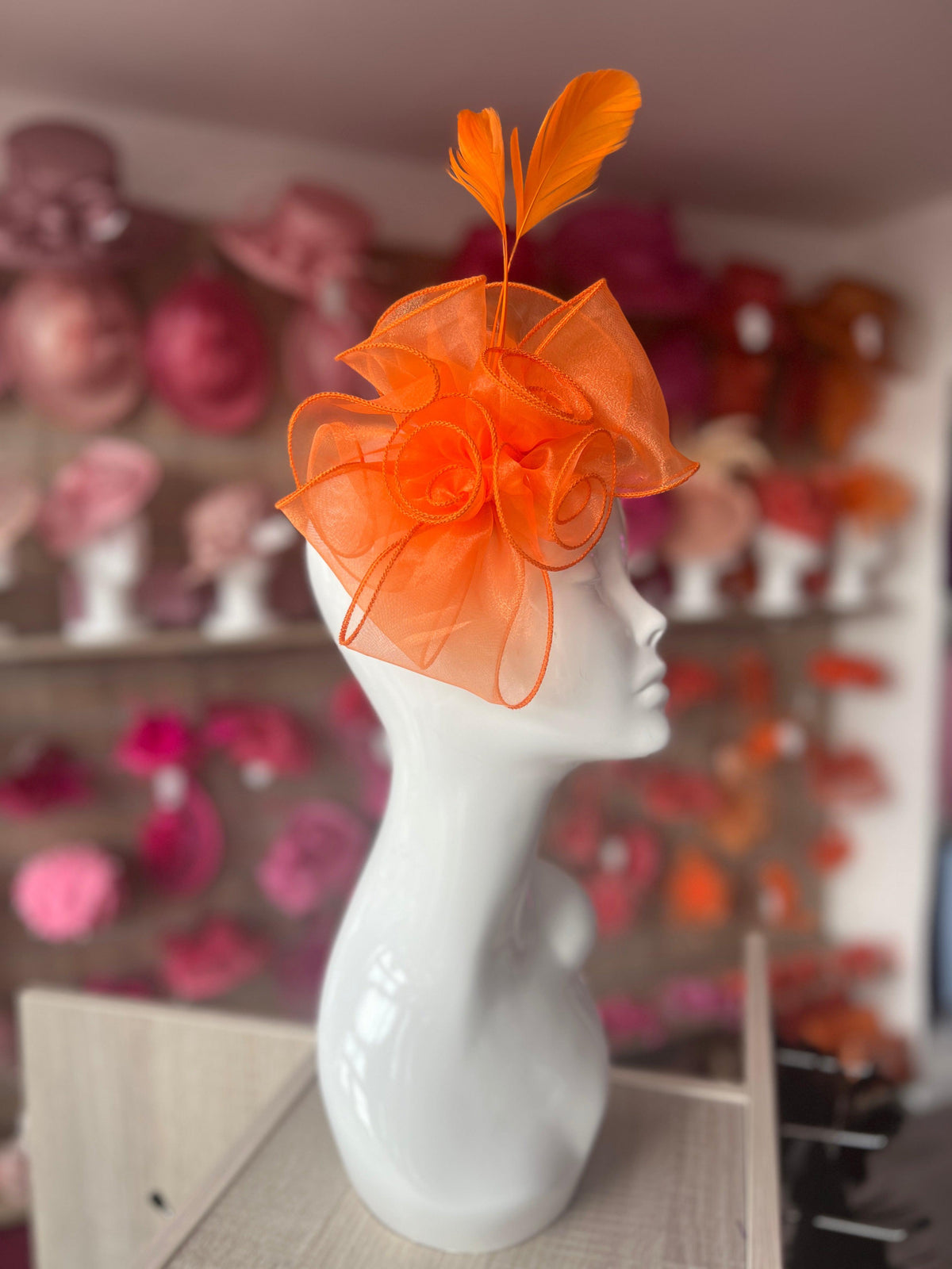 Pearlescent Orange Chiffon Flower Fascinator With Feathers-Fascinators Direct