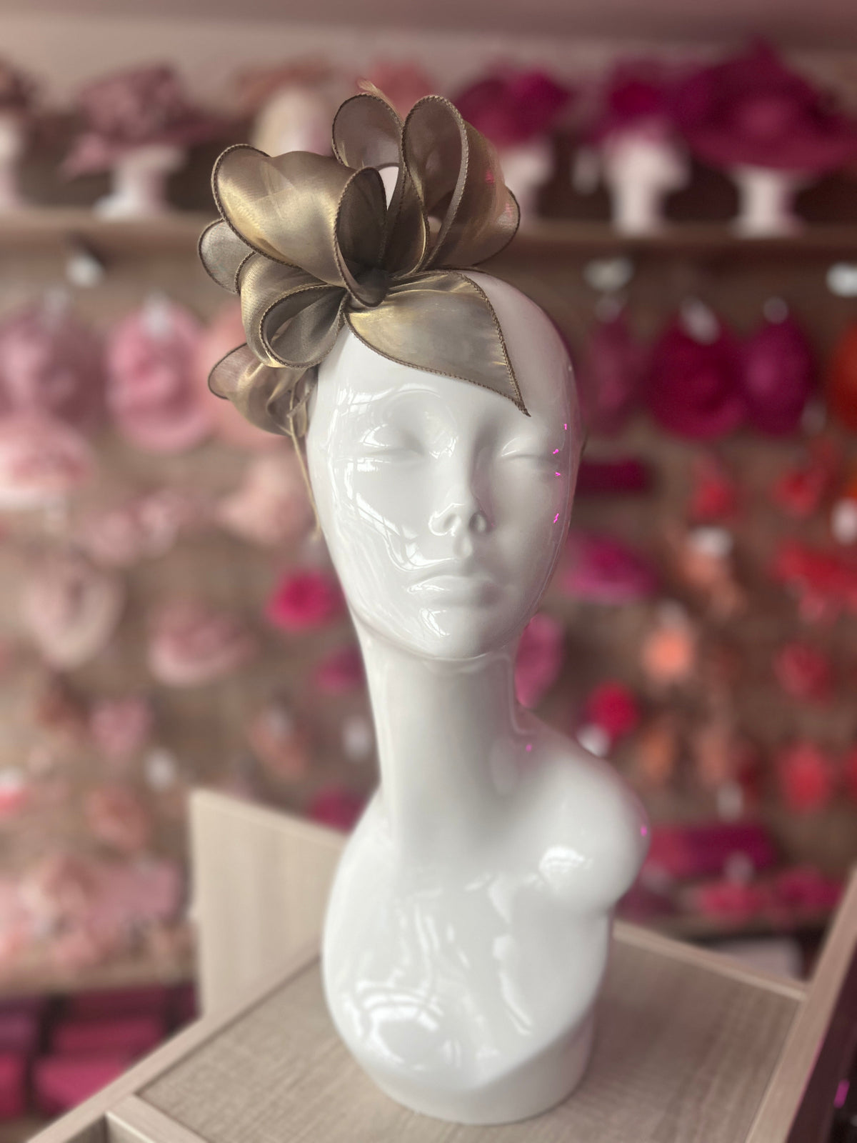 Pearlescent Organza Taupe Fascinator Headband-Fascinators Direct