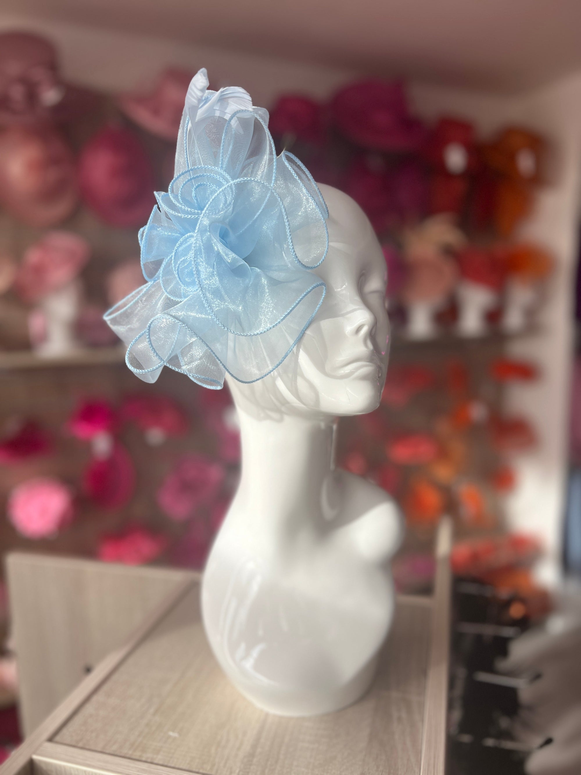 Pearlescent Pale Blue Chiffon Flower Fascinator With Feathers-Fascinators Direct