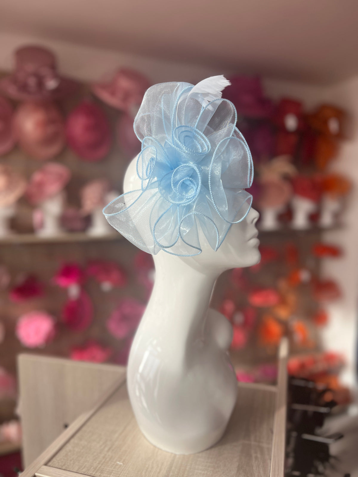 Pearlescent Pale Blue Chiffon Flower Fascinator With Feathers-Fascinators Direct