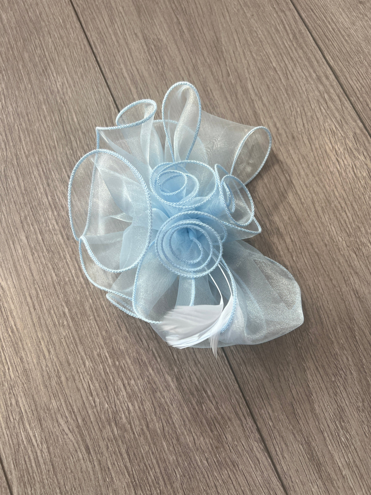 Pearlescent Pale Blue Chiffon Flower Fascinator With Feathers-Fascinators Direct
