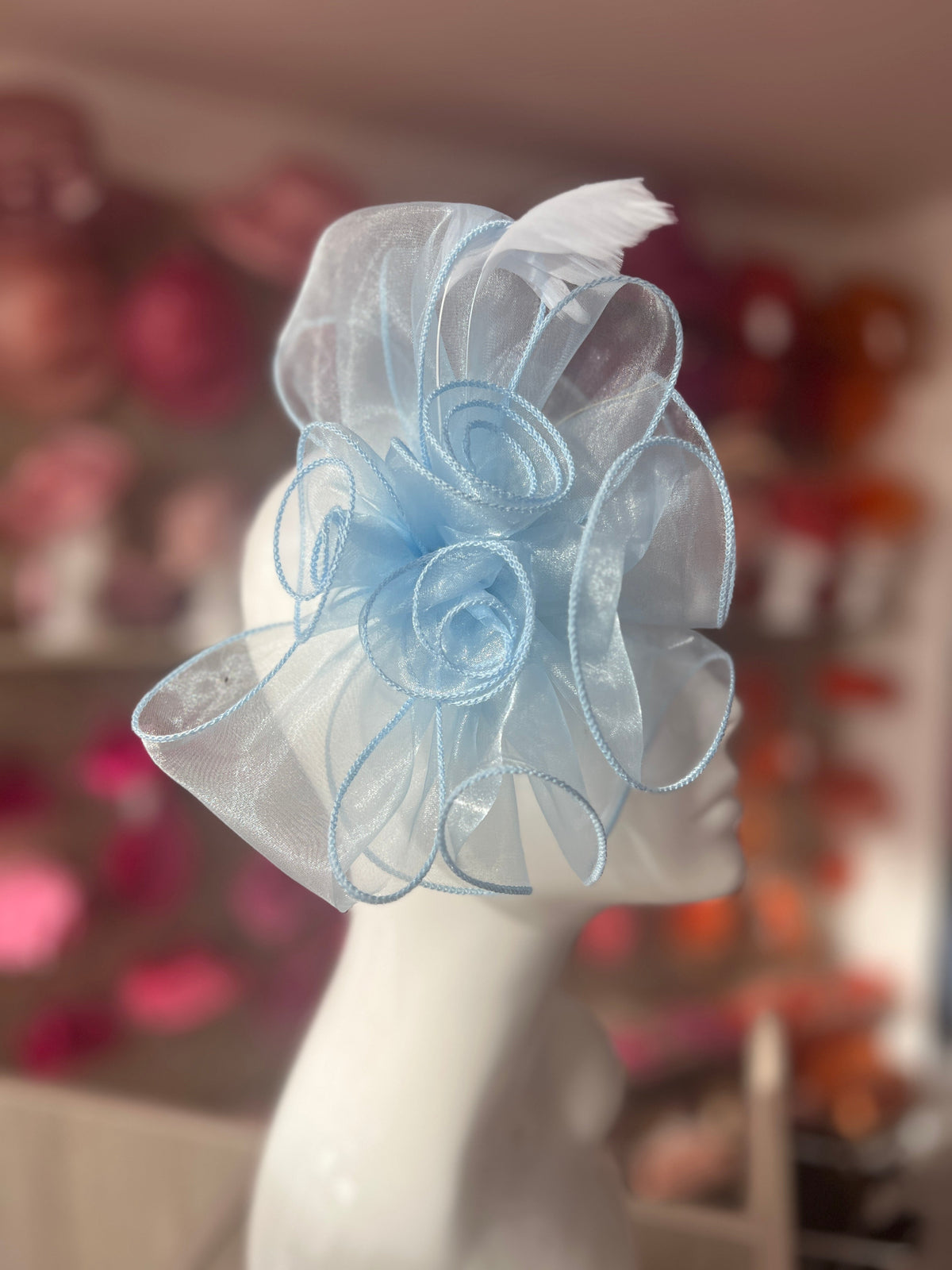 Pearlescent Pale Blue Chiffon Flower Fascinator With Feathers-Fascinators Direct
