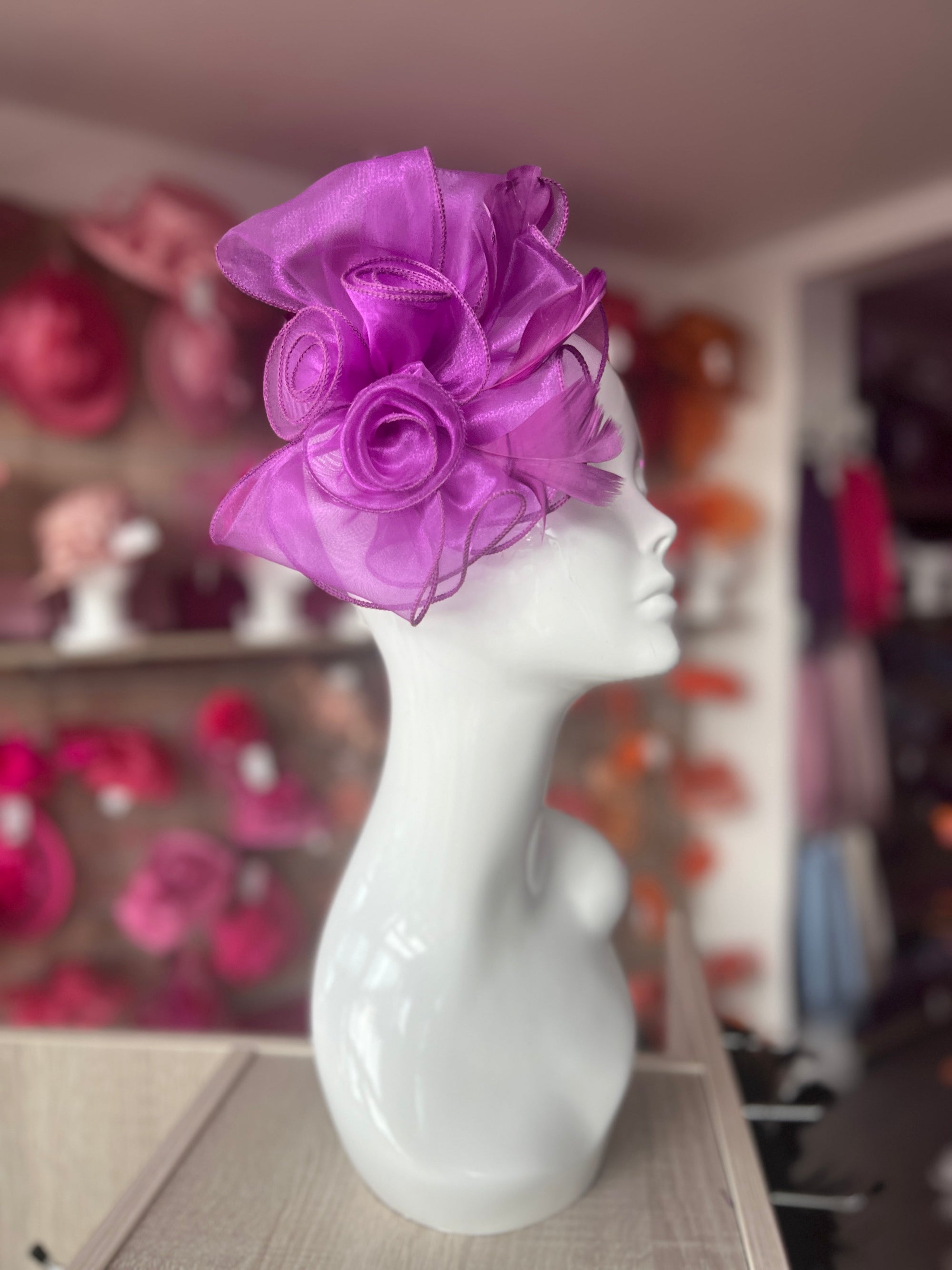 Pearlescent Purple Chiffon Flower Fascinator With Feathers-Fascinators Direct