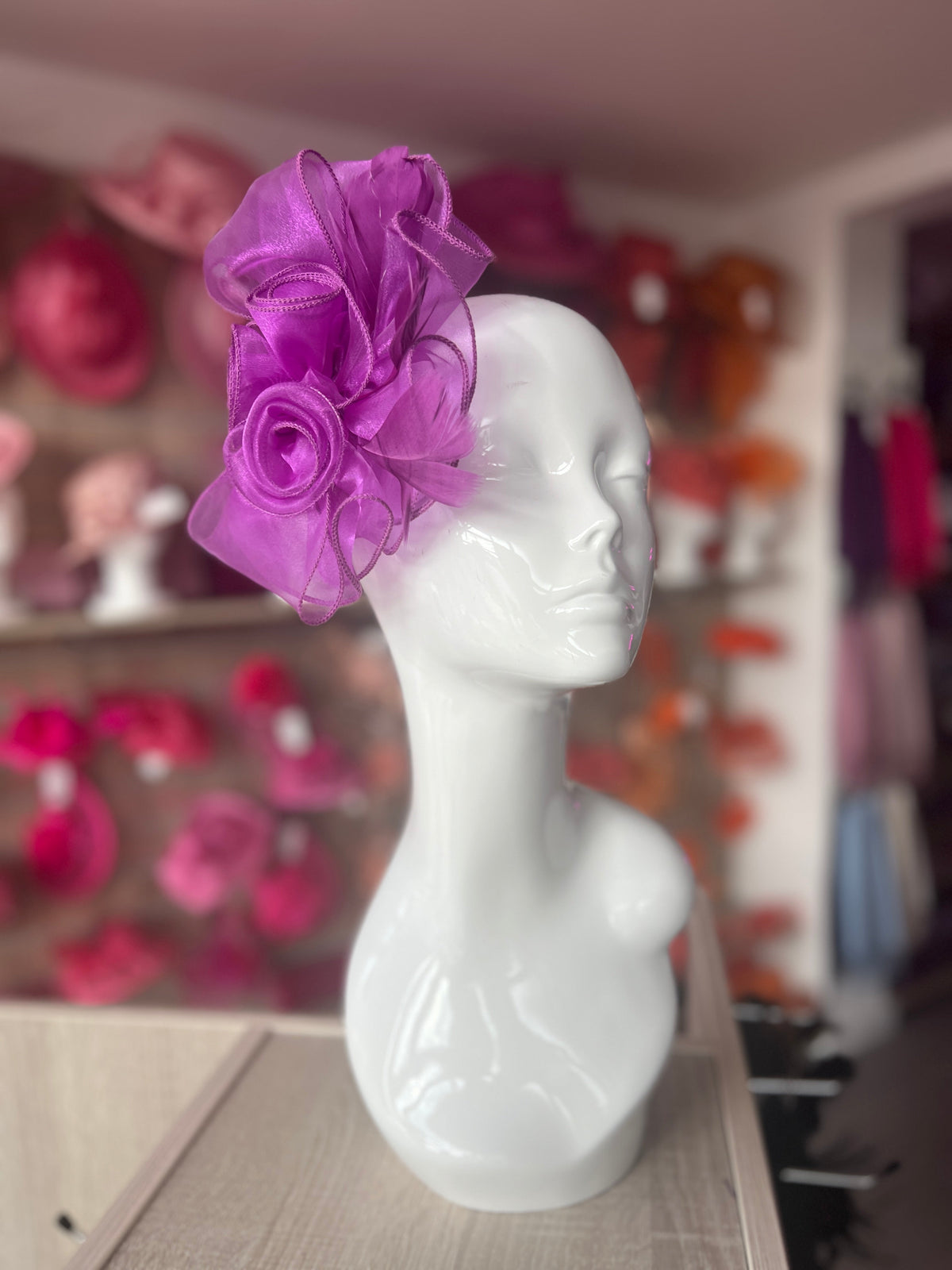 Pearlescent Purple Chiffon Flower Fascinator With Feathers-Fascinators Direct