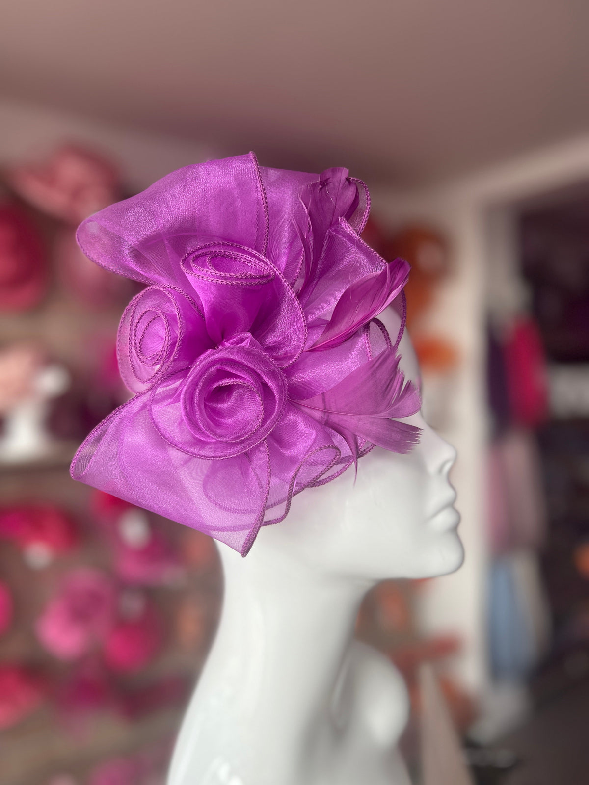 Pearlescent Purple Chiffon Flower Fascinator With Feathers-Fascinators Direct