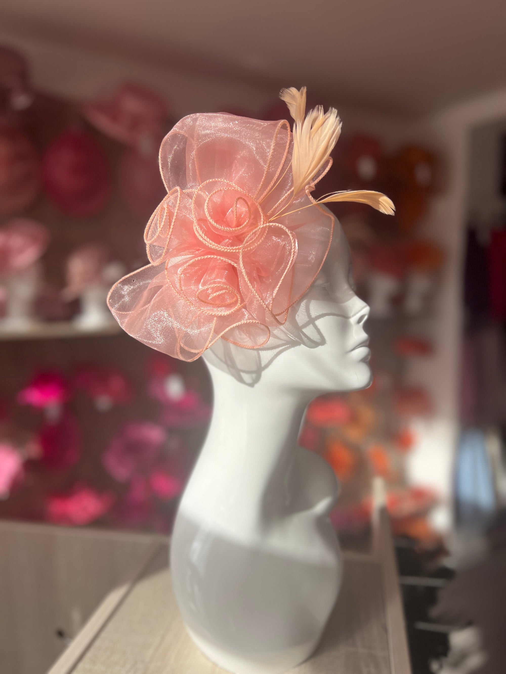 Pearlescent Rose Pink Chiffon Flower Fascinator With Feathers-Fascinators Direct