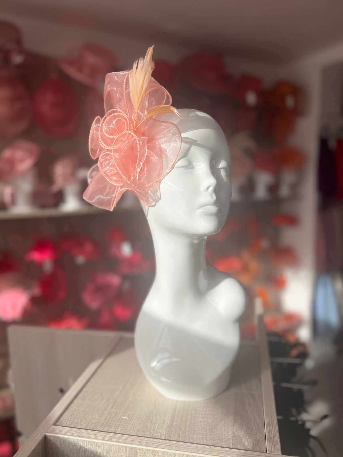 Pearlescent Rose Pink Chiffon Flower Fascinator With Feathers-Fascinators Direct