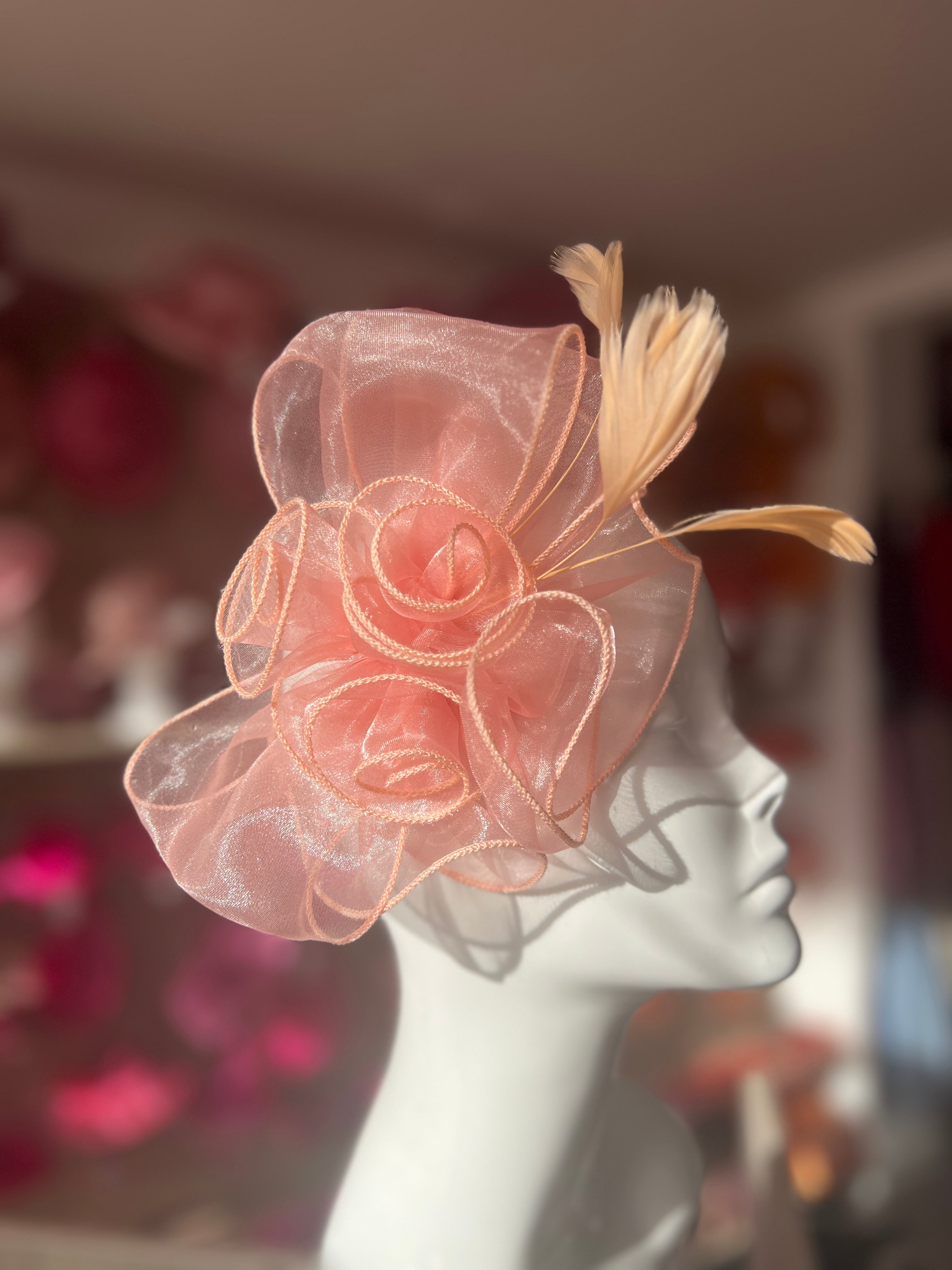 Pearlescent Rose Pink Chiffon Flower Fascinator With Feathers