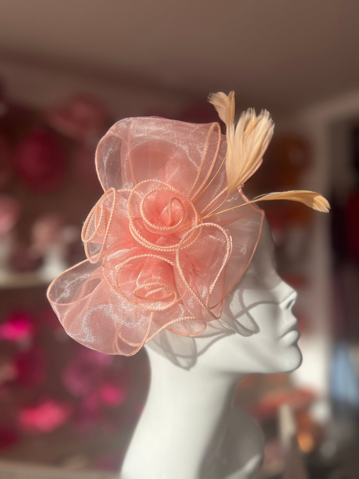 Pearlescent Rose Pink Chiffon Flower Fascinator With Feathers-Fascinators Direct