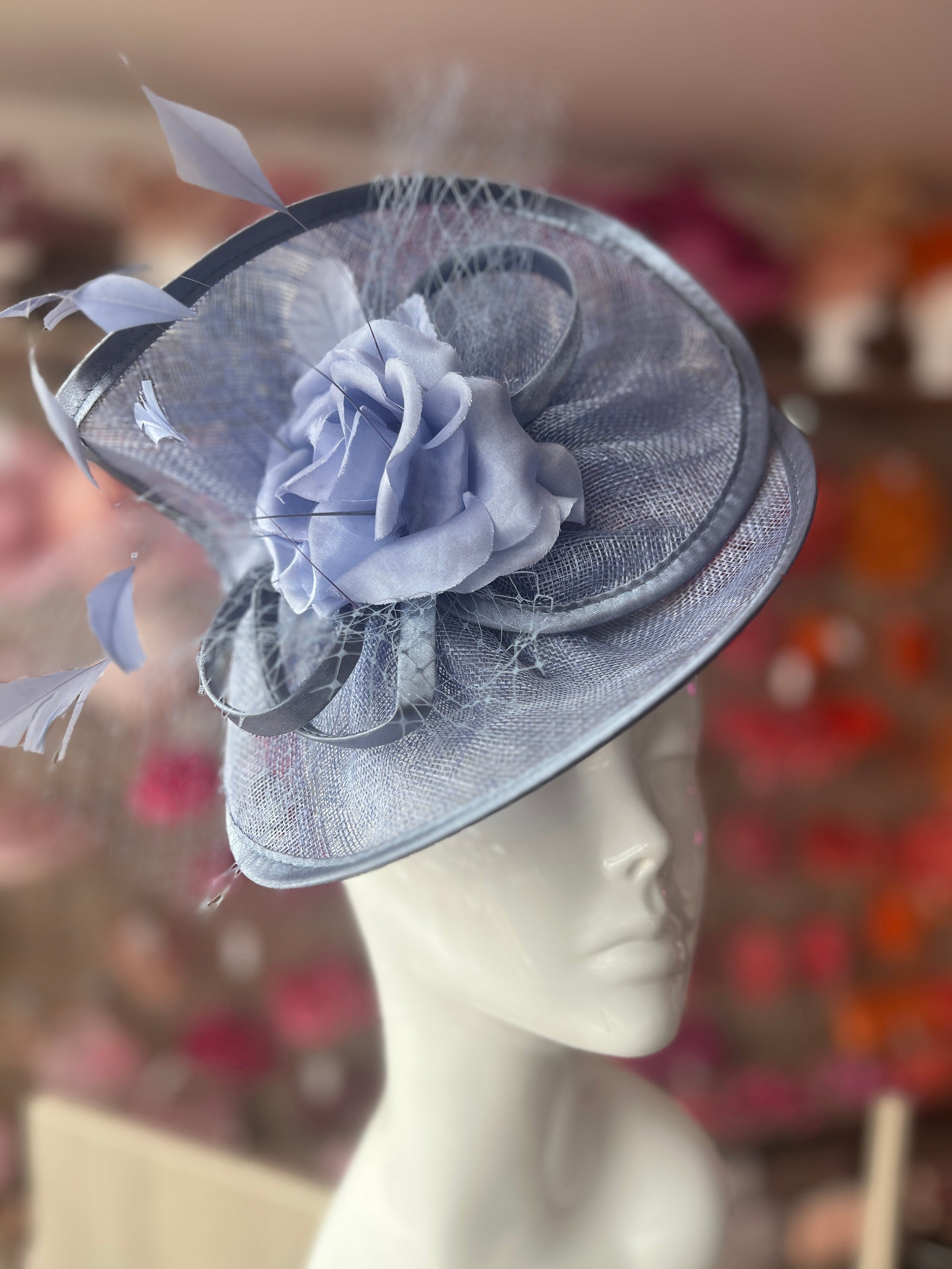 Periwinkle Disc Fascinator with Fabric Rose & Netting-Fascinators Direct