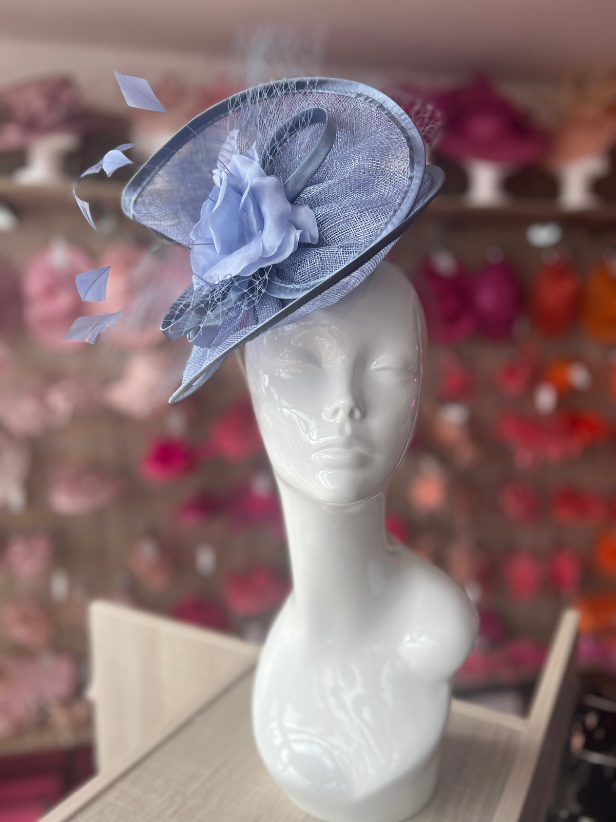 Periwinkle Disc Fascinator with Fabric Rose &amp; Netting-Fascinators Direct