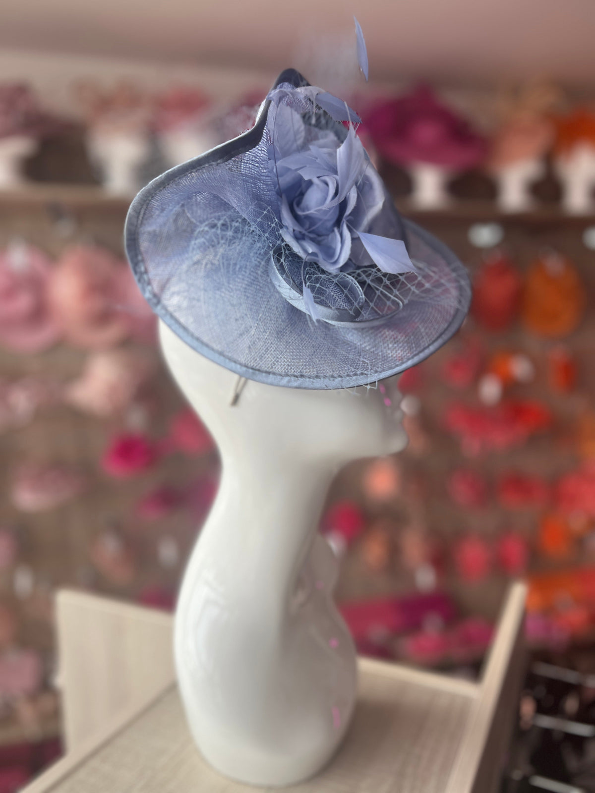 Periwinkle Disc Fascinator with Fabric Rose &amp; Netting-Fascinators Direct
