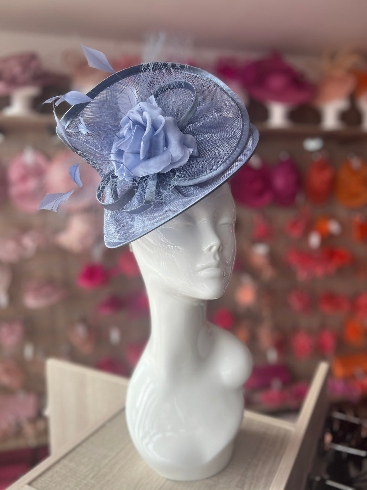 Periwinkle Disc Fascinator with Fabric Rose &amp; Netting-Fascinators Direct