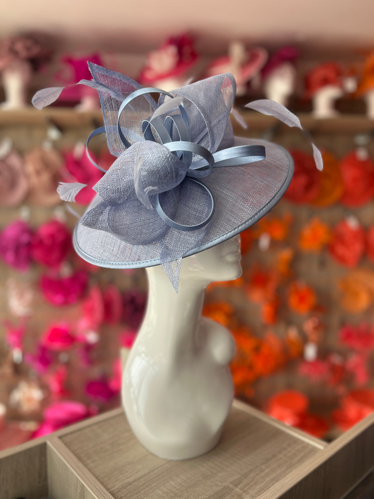 Periwinkle Saucer Hatinator With Decorative Bow-Fascinators Direct