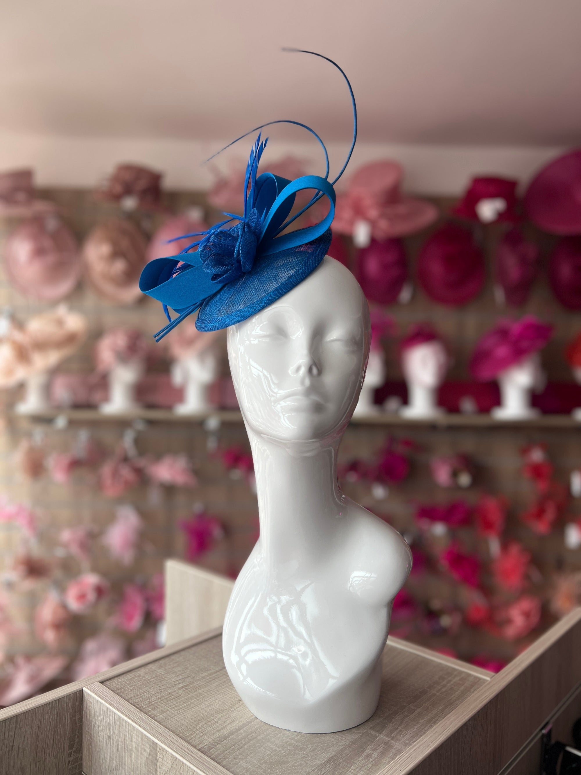 Persian Blue Disc Fascinator with Ribbons, Quills & Feathers-Fascinators Direct