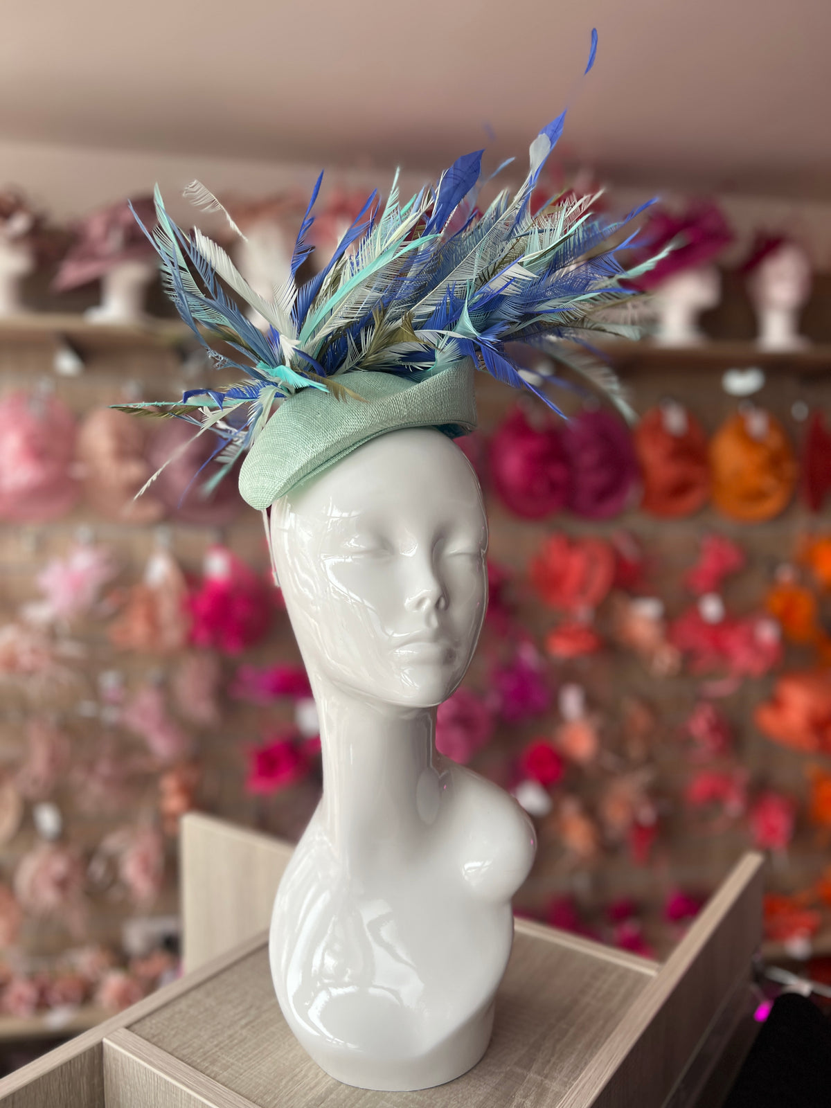 Pillbox Fascinator Hat with Feathers - Aqua/Sapphire/Mix-Fascinators Direct
