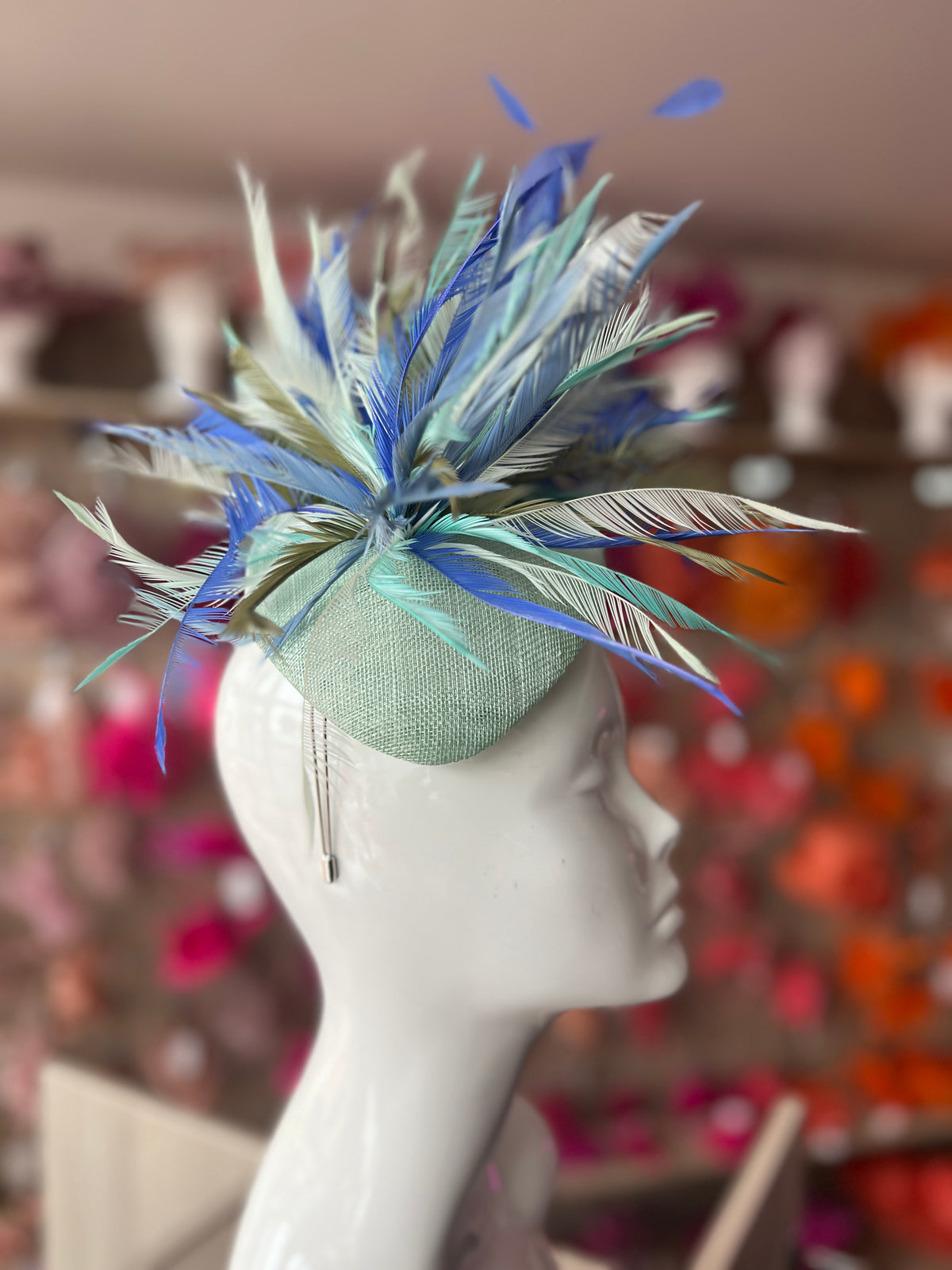 Pillbox Fascinator Hat with Feathers - Aqua/Sapphire/Mix-Fascinators Direct