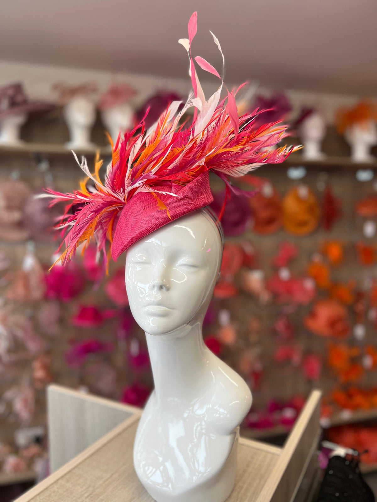 Pillbox Fascinator Hat with Feathers - Cerise/White Mix-Fascinators Direct