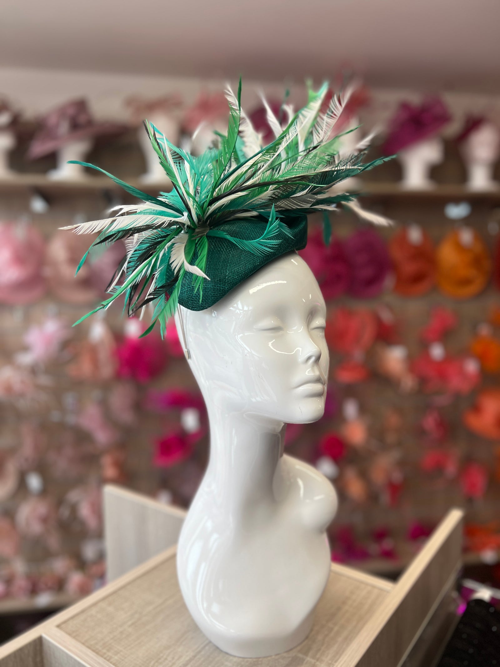 Pillbox Fascinator Hat with Feathers - Emerald/White Mix-Fascinators Direct