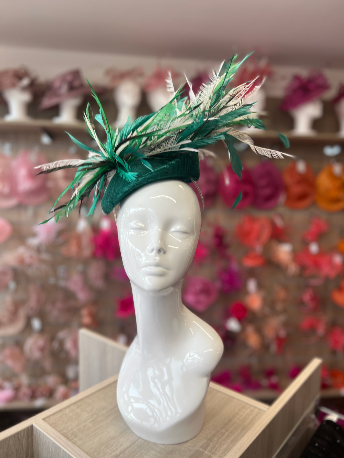 Pillbox Fascinator Hat with Feathers - Emerald/White Mix-Fascinators Direct