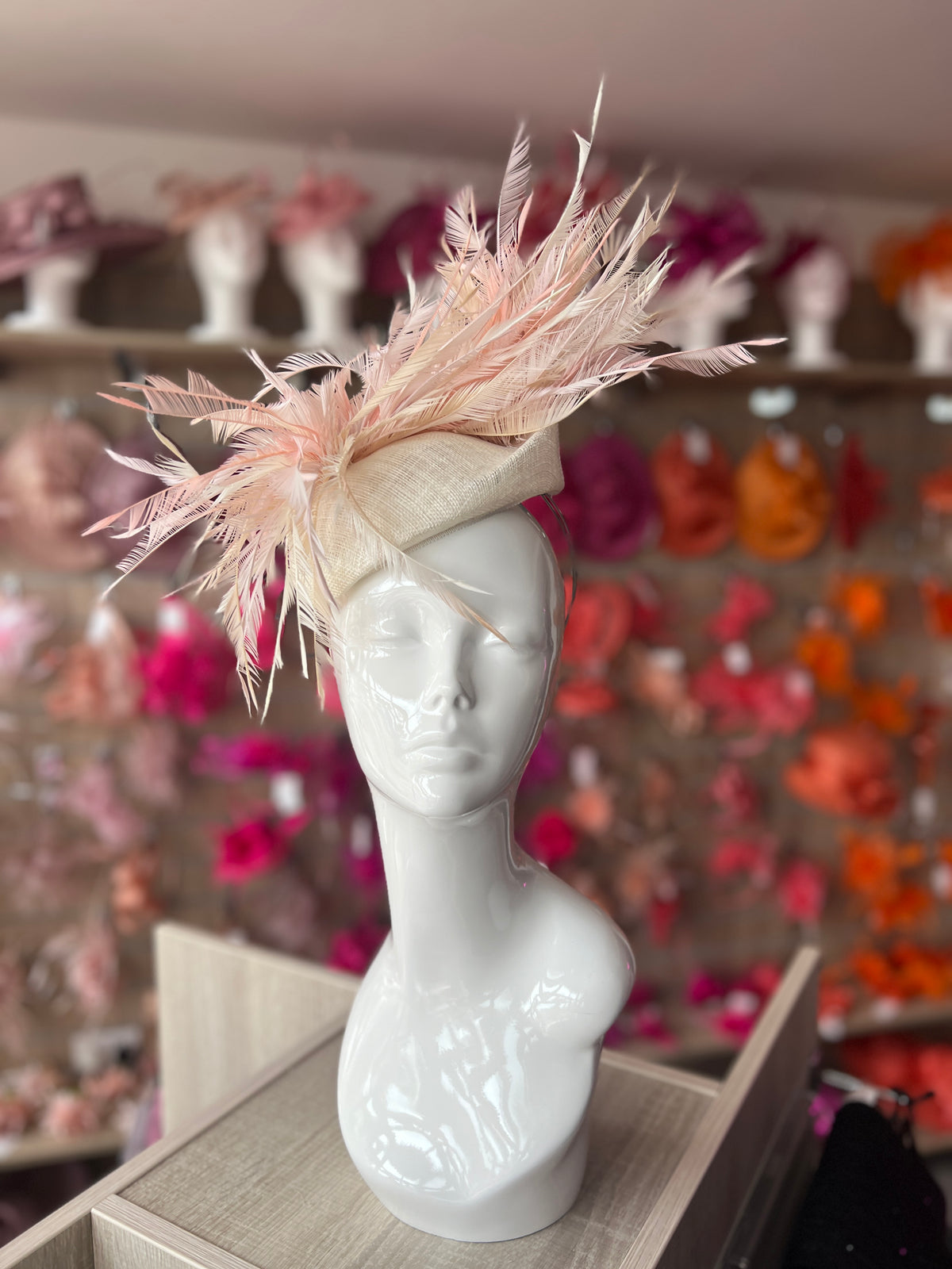 Pillbox Fascinator Hat with Feathers -Ivory/Candy/Mix-Fascinators Direct