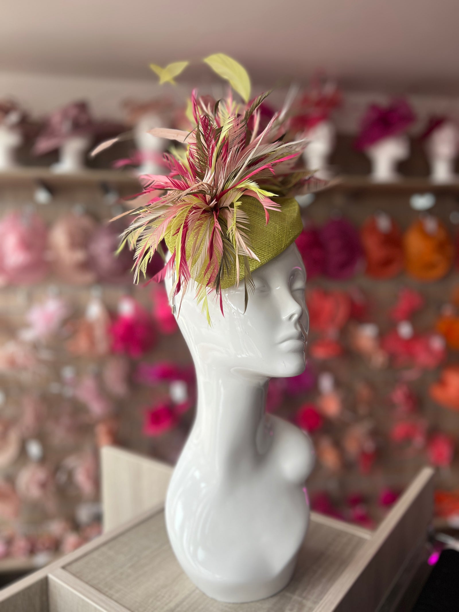 Pillbox Fascinator Hat with Feathers -Lime/Mix-Fascinators Direct