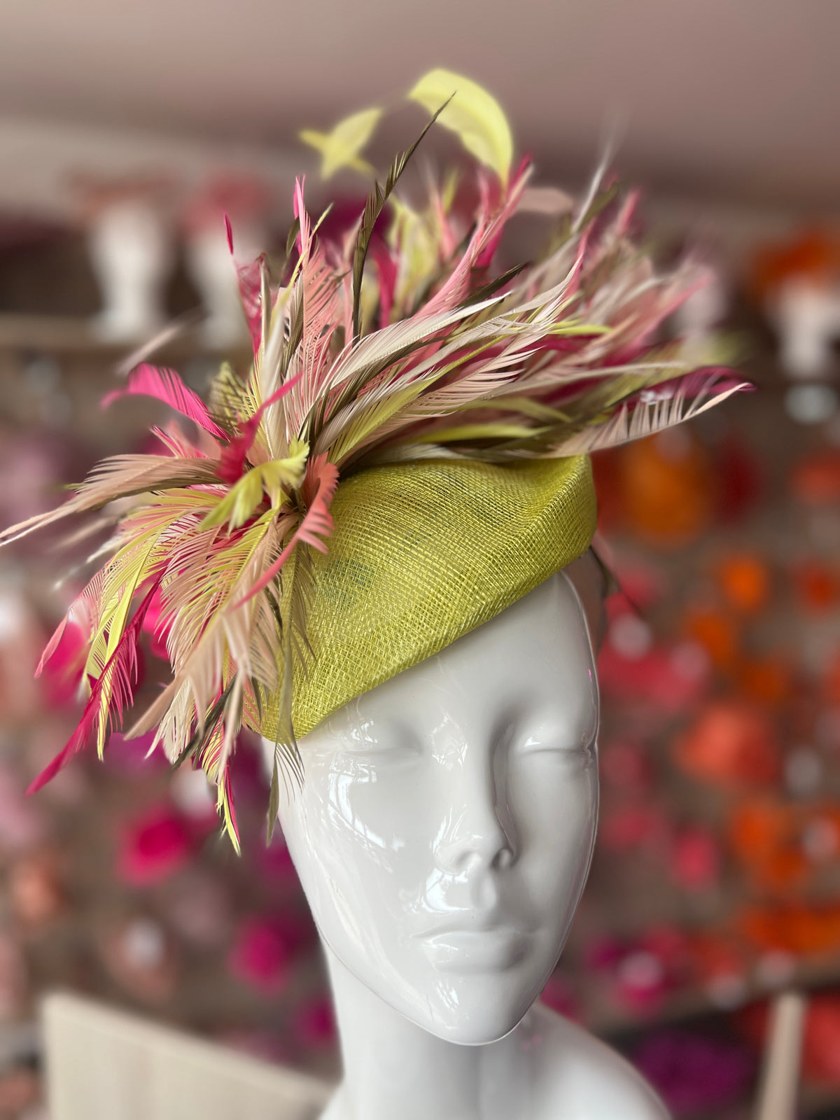 Pillbox Fascinator Hat with Feathers -Lime/Mix-Fascinators Direct