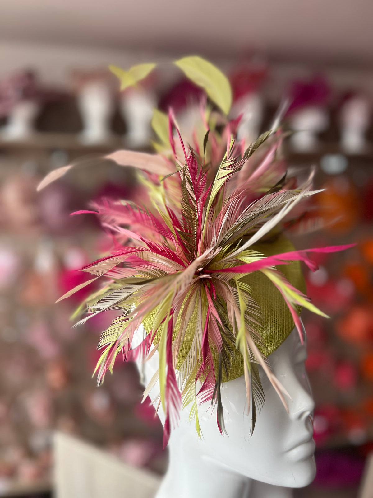 Pillbox Fascinator Hat with Feathers -Lime/Mix-Fascinators Direct