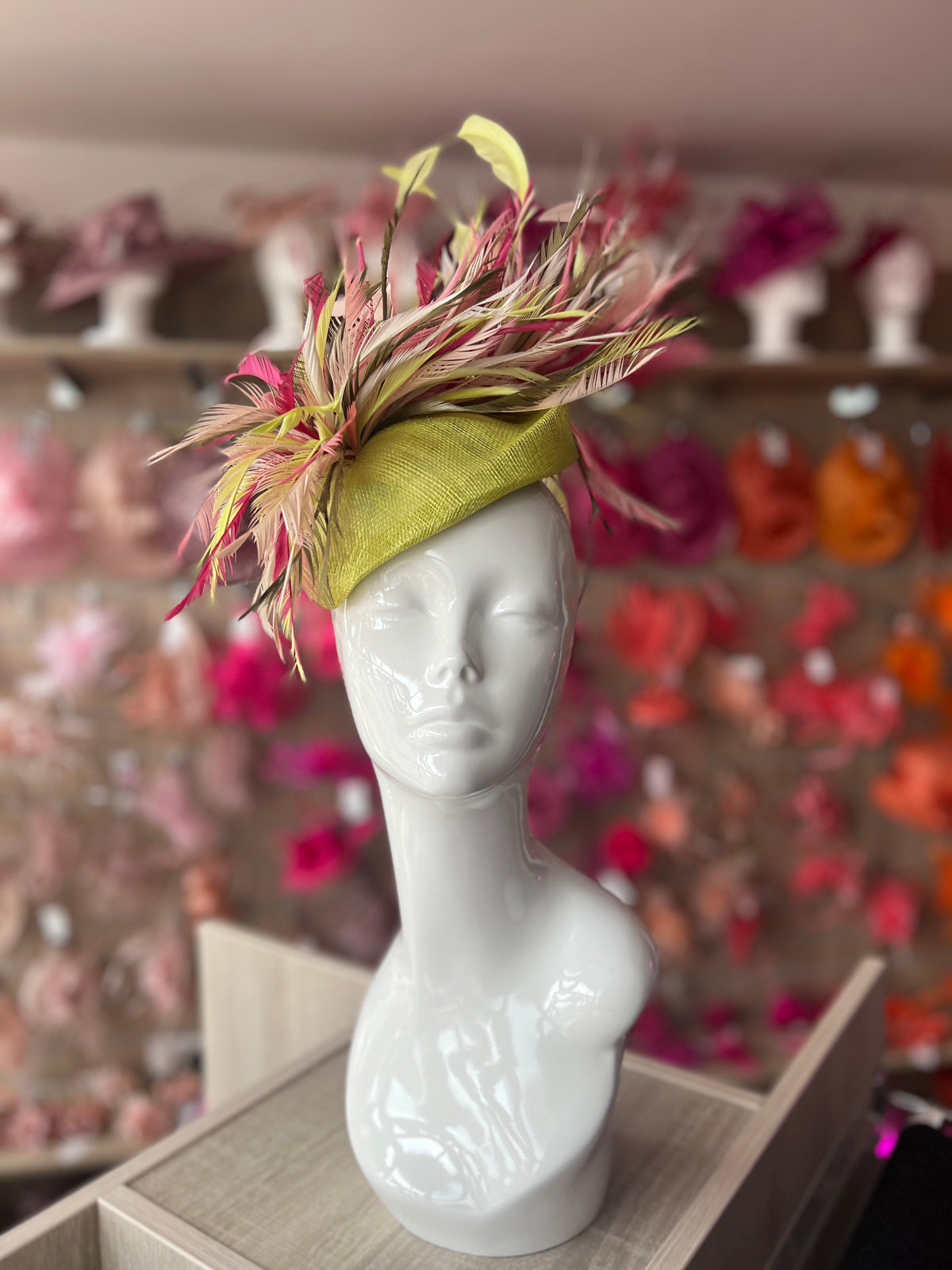 Pillbox Fascinator Hat with Feathers -Lime/Mix-Fascinators Direct