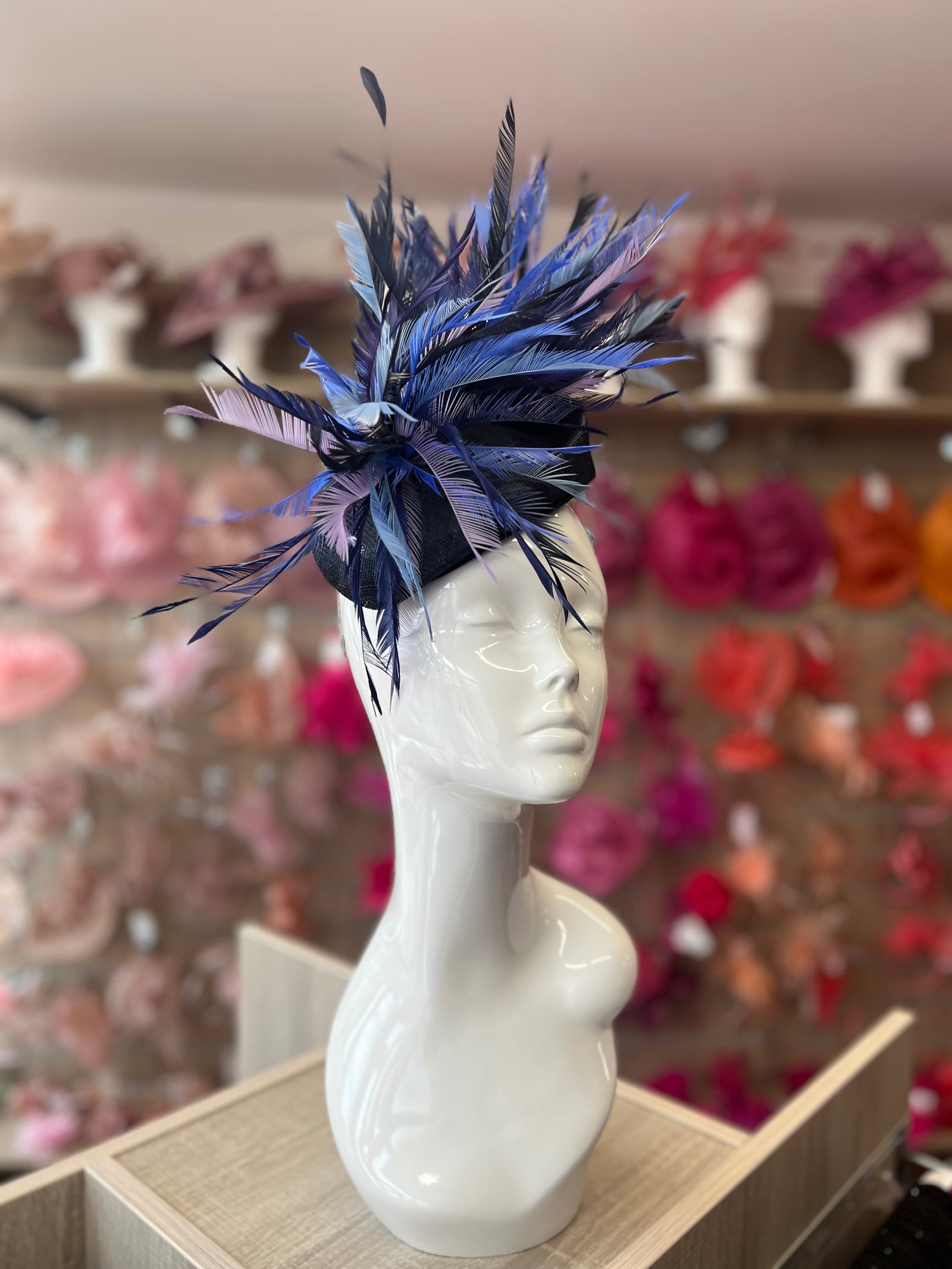 Pillbox Fascinator Hat with Feathers -Navy/Indigo/Mix-Fascinators Direct
