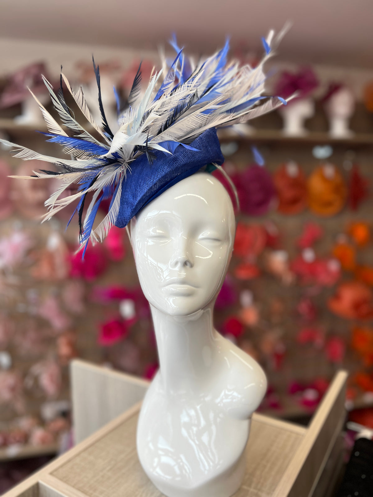 Pillbox Fascinator Hat with Feathers - Sapphire/White/Mix-Fascinators Direct