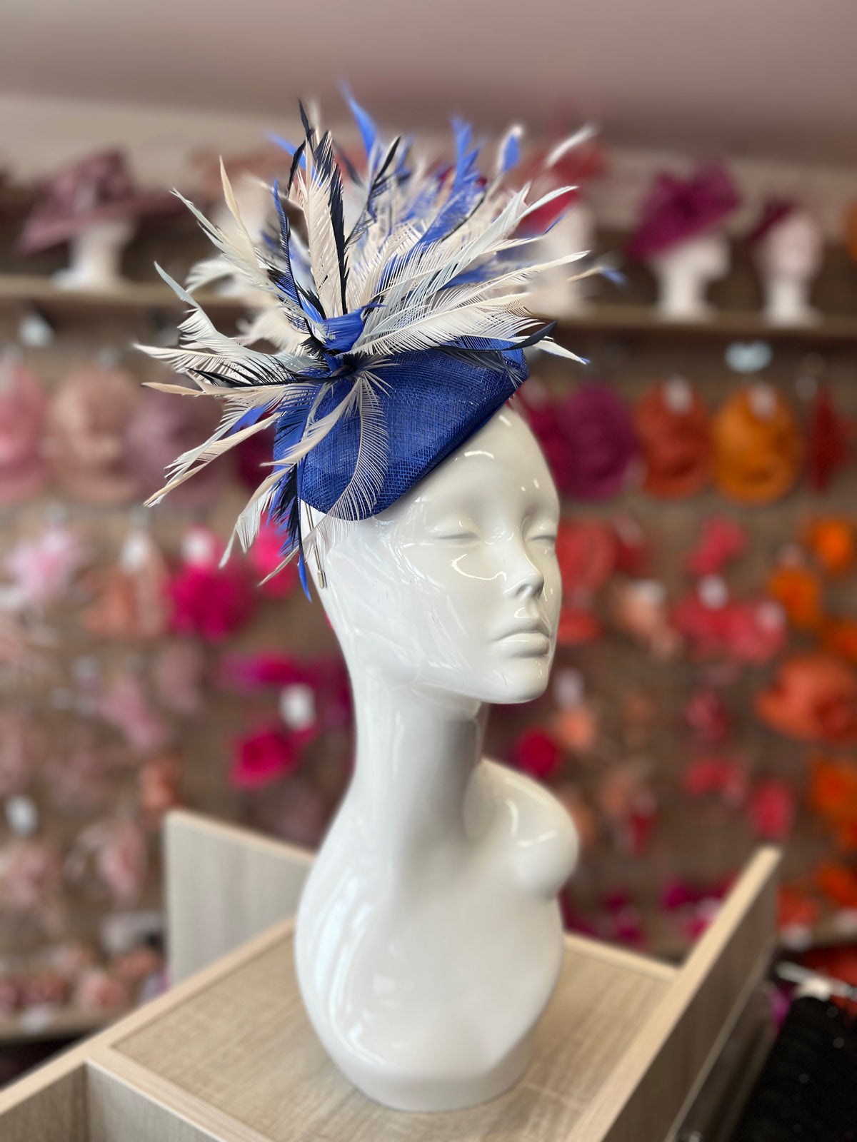 Pillbox Fascinator Hat with Feathers - Sapphire/White/Mix-Fascinators Direct