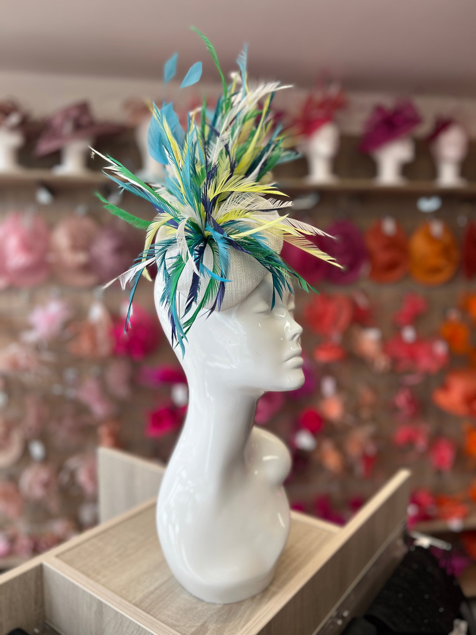 Pillbox Fascinator Hat with Feathers - White/Turquoise/Mix-Fascinators Direct