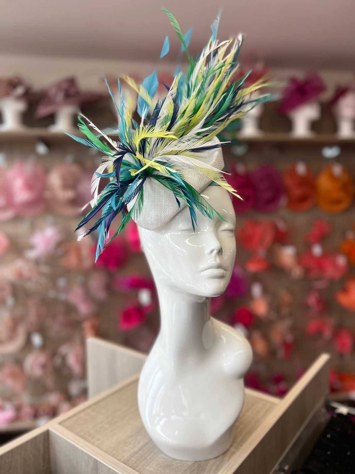 Pillbox Fascinator Hat with Feathers - White/Turquoise/Mix-Fascinators Direct