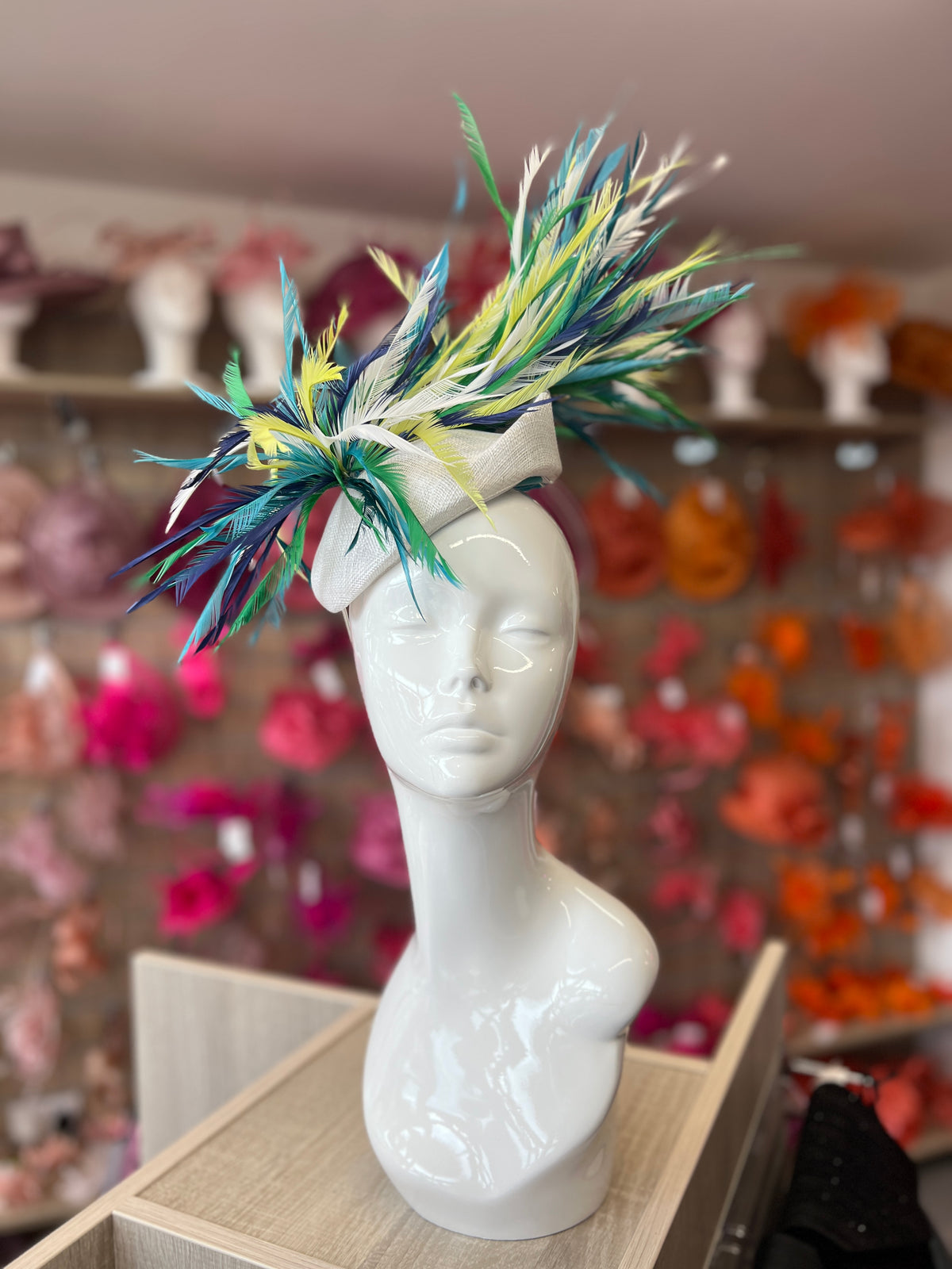 Pillbox Fascinator Hat with Feathers - White/Turquoise/Mix-Fascinators Direct
