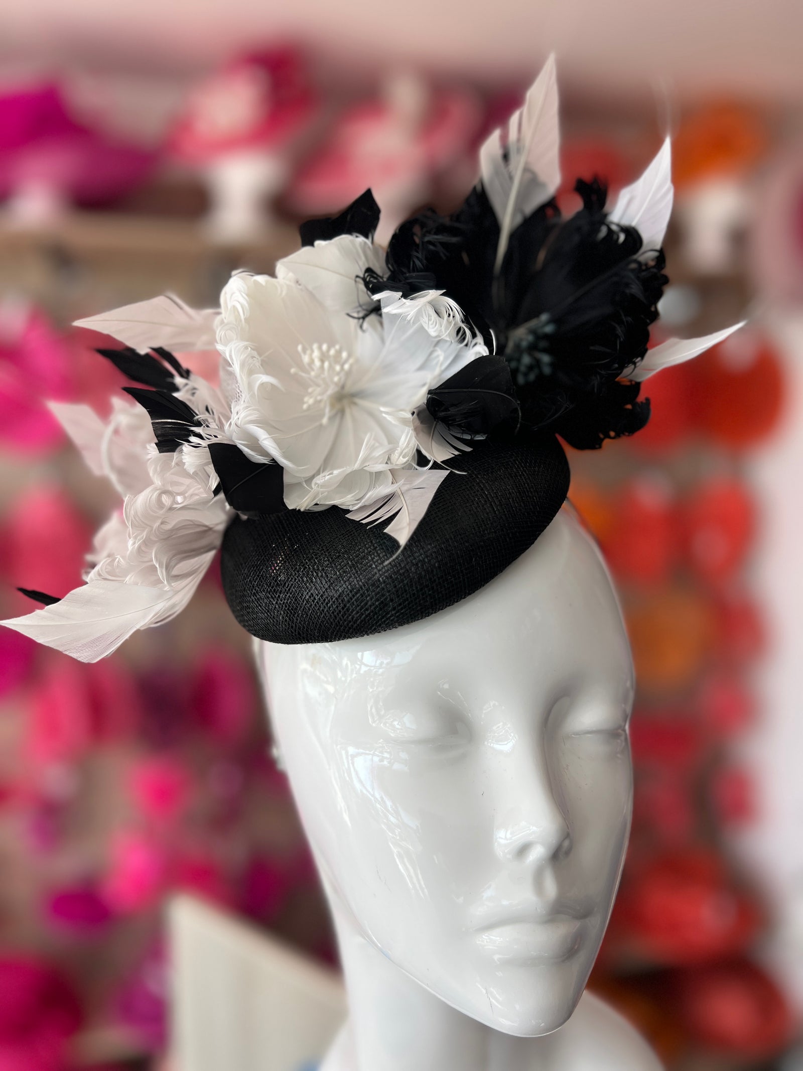 Pillbox Hat With Goblet Feather Flowers-Black/white/Silver-Fascinators Direct