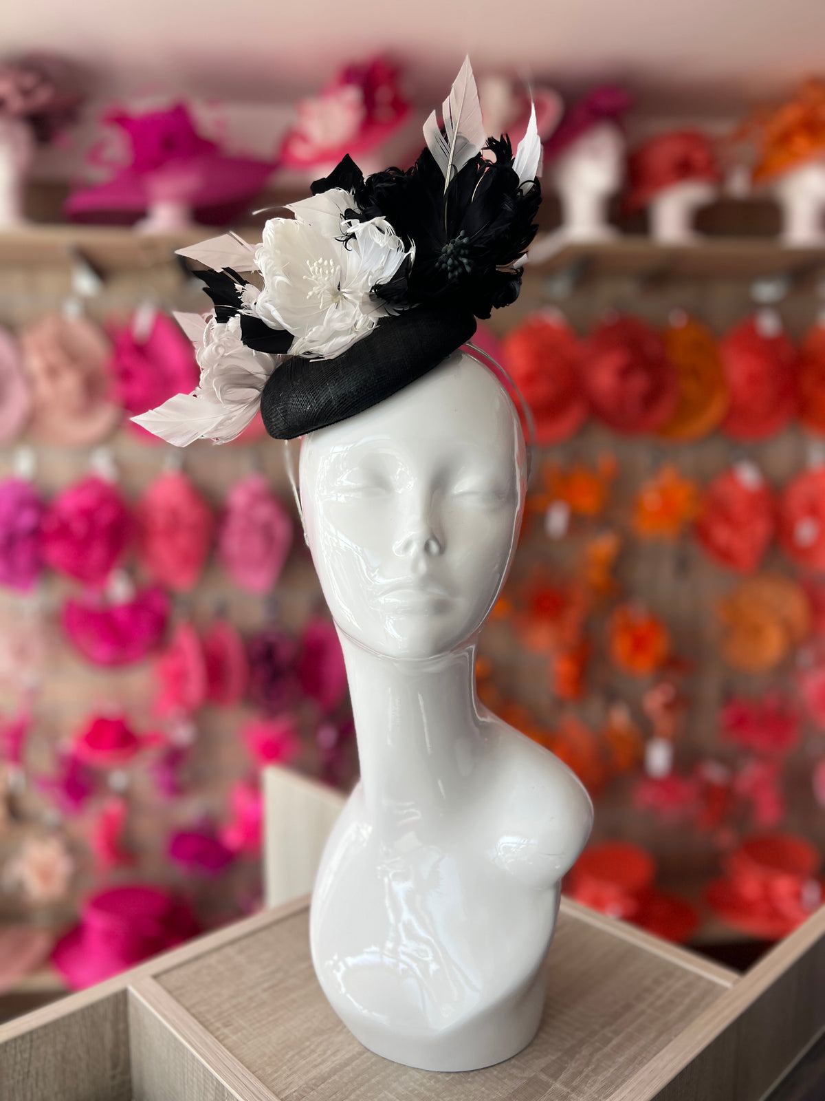 Pillbox Hat With Goblet Feather Flowers-Black/white/Silver-Fascinators Direct