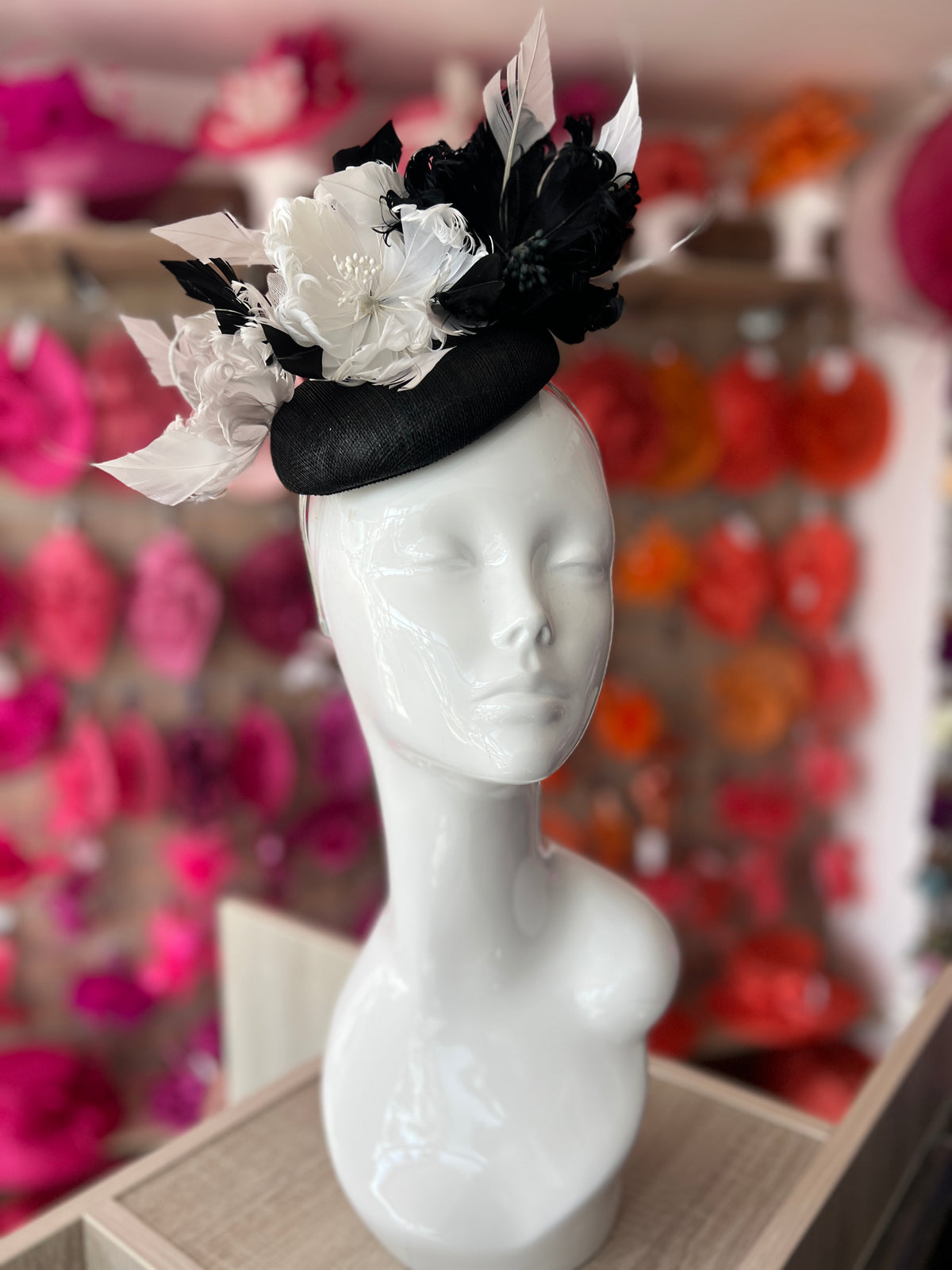 Pillbox Hat With Goblet Feather Flowers-Black/white/Silver-Fascinators Direct