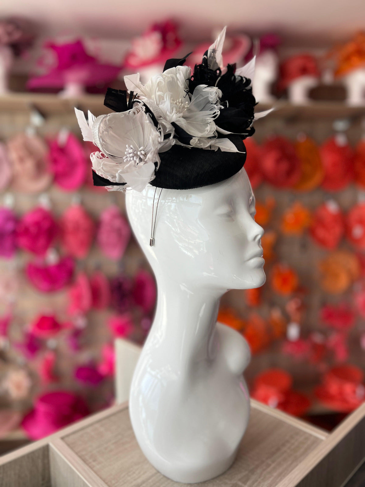 Pillbox Hat With Goblet Feather Flowers-Black/white/Silver-Fascinators Direct