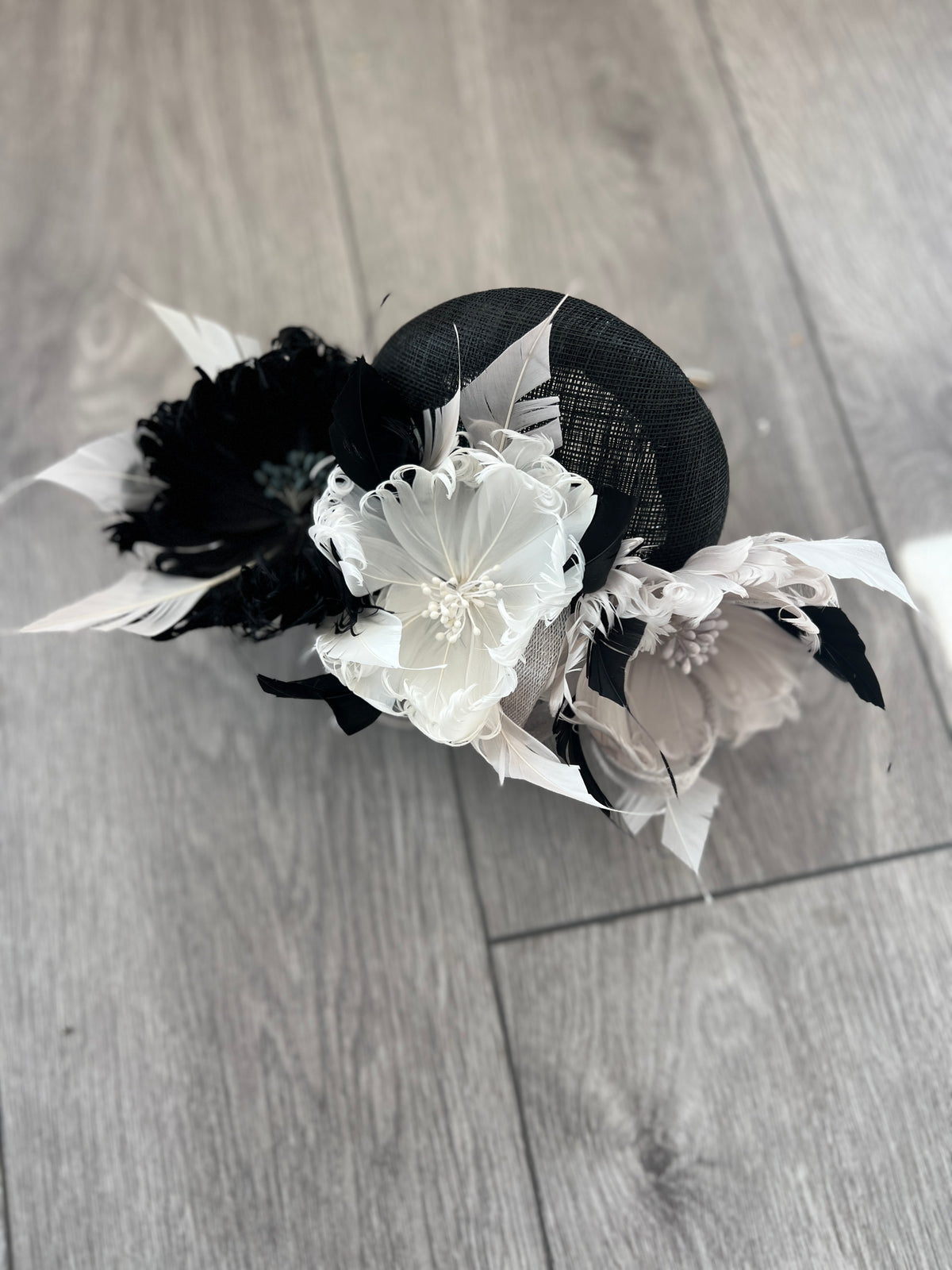 Pillbox Hat With Goblet Feather Flowers-Black/white/Silver-Fascinators Direct