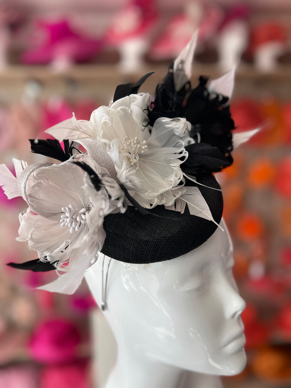 Pillbox Hat With Goblet Feather Flowers-Black/white/Silver-Fascinators Direct