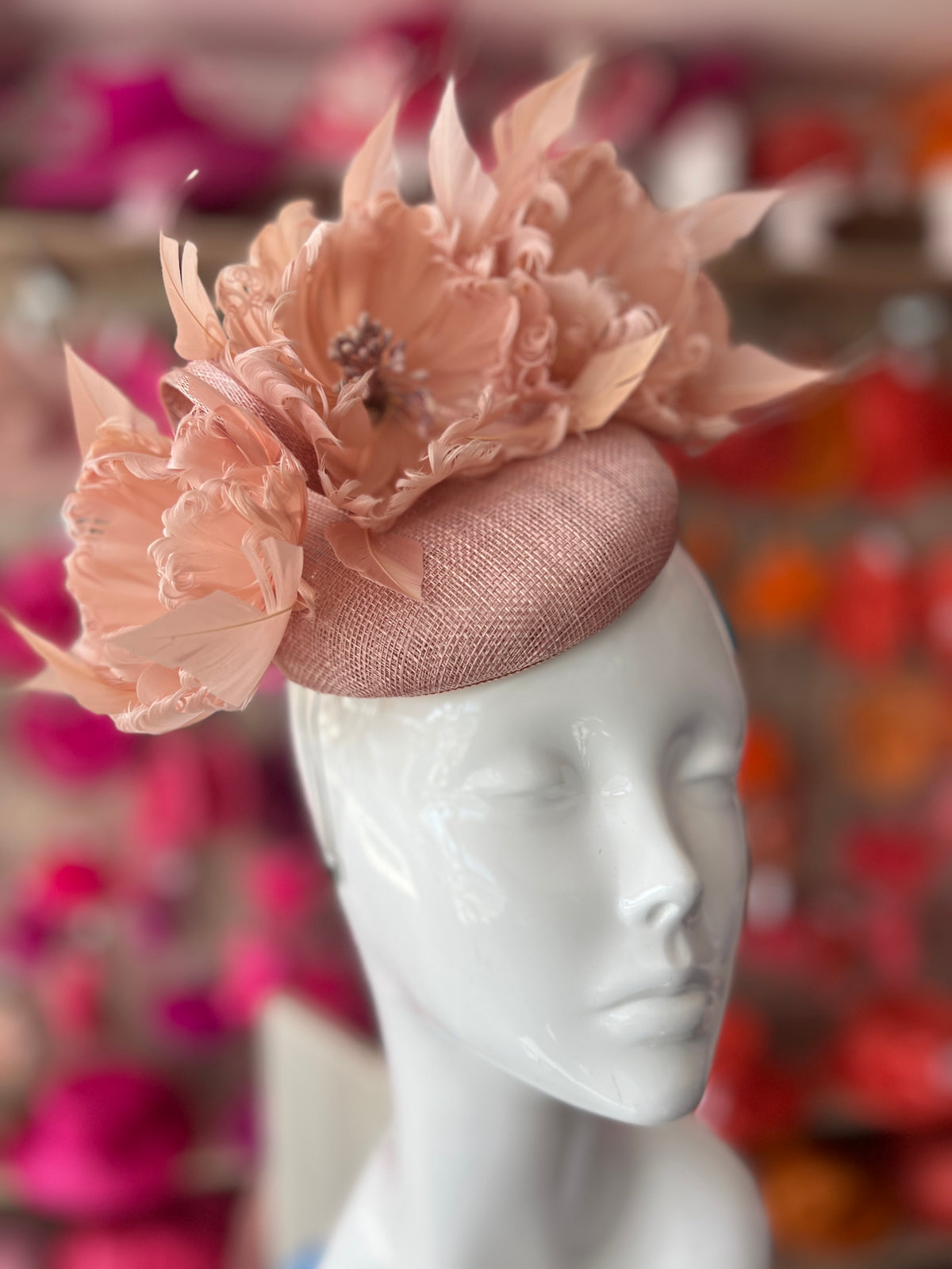 Pillbox Hat With Goblet Feather Flowers-Blush-Fascinators Direct