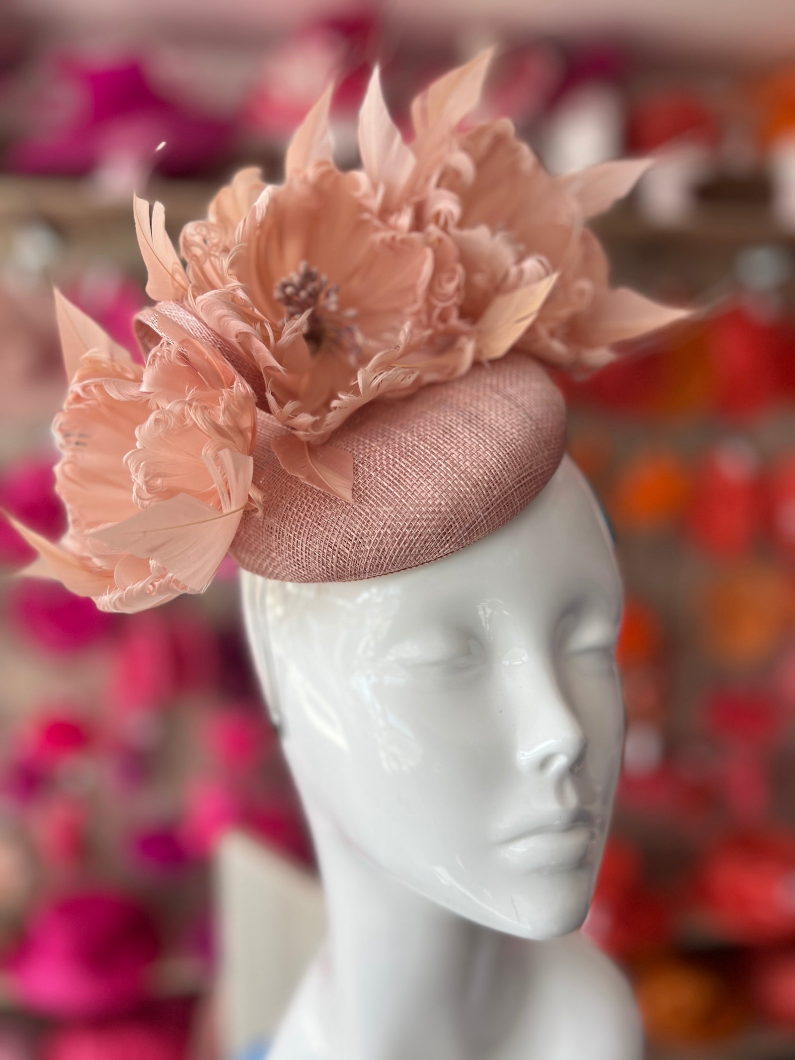 Pillbox Hat With Goblet Feather Flowers-Blush-Fascinators Direct